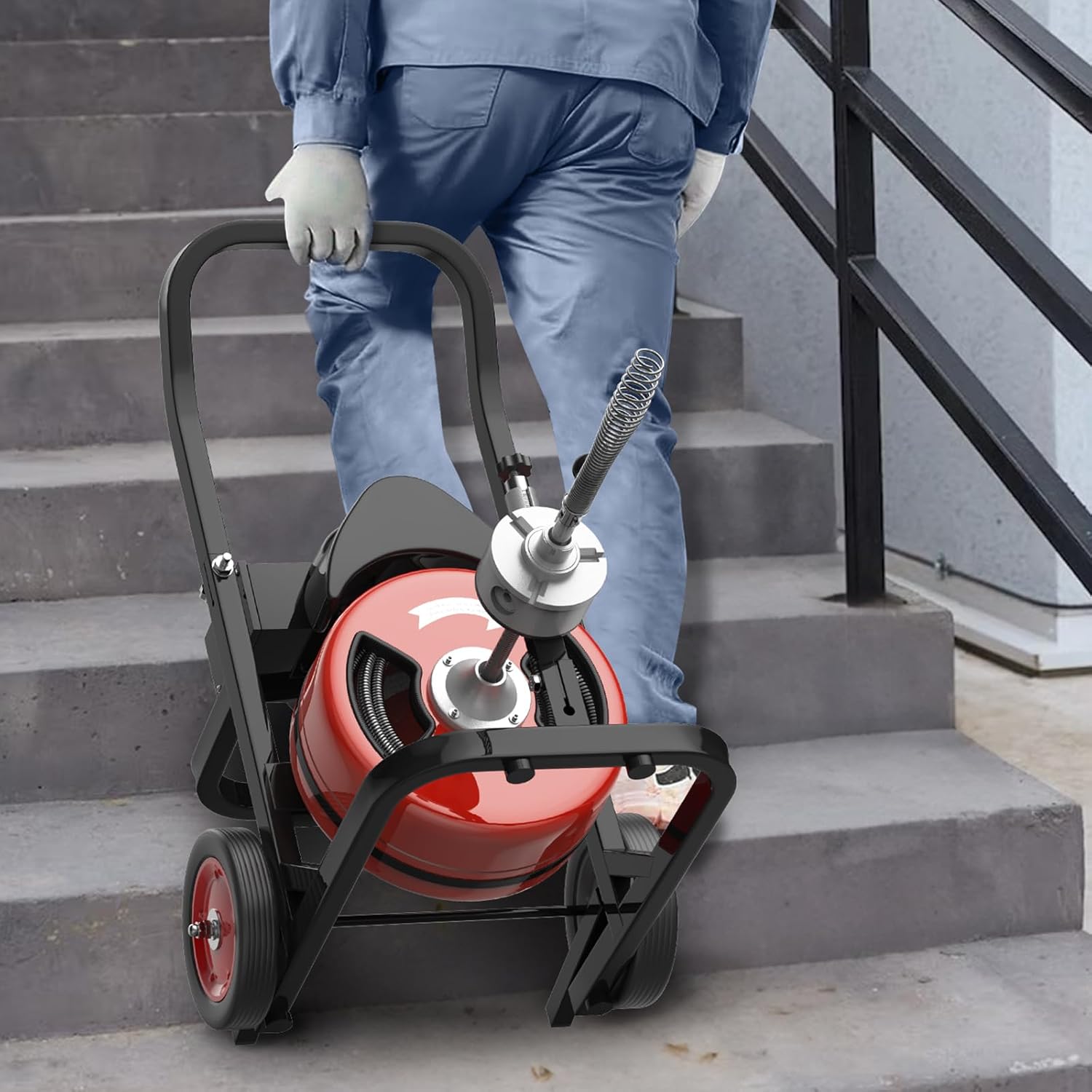 Drain Cleaner Machine, 100FT x 1/2 Inches Auto Feed Sewer Snake Auger, Sewer Snake with 4 Cutters and Pneumatic Foot Switch, for 2