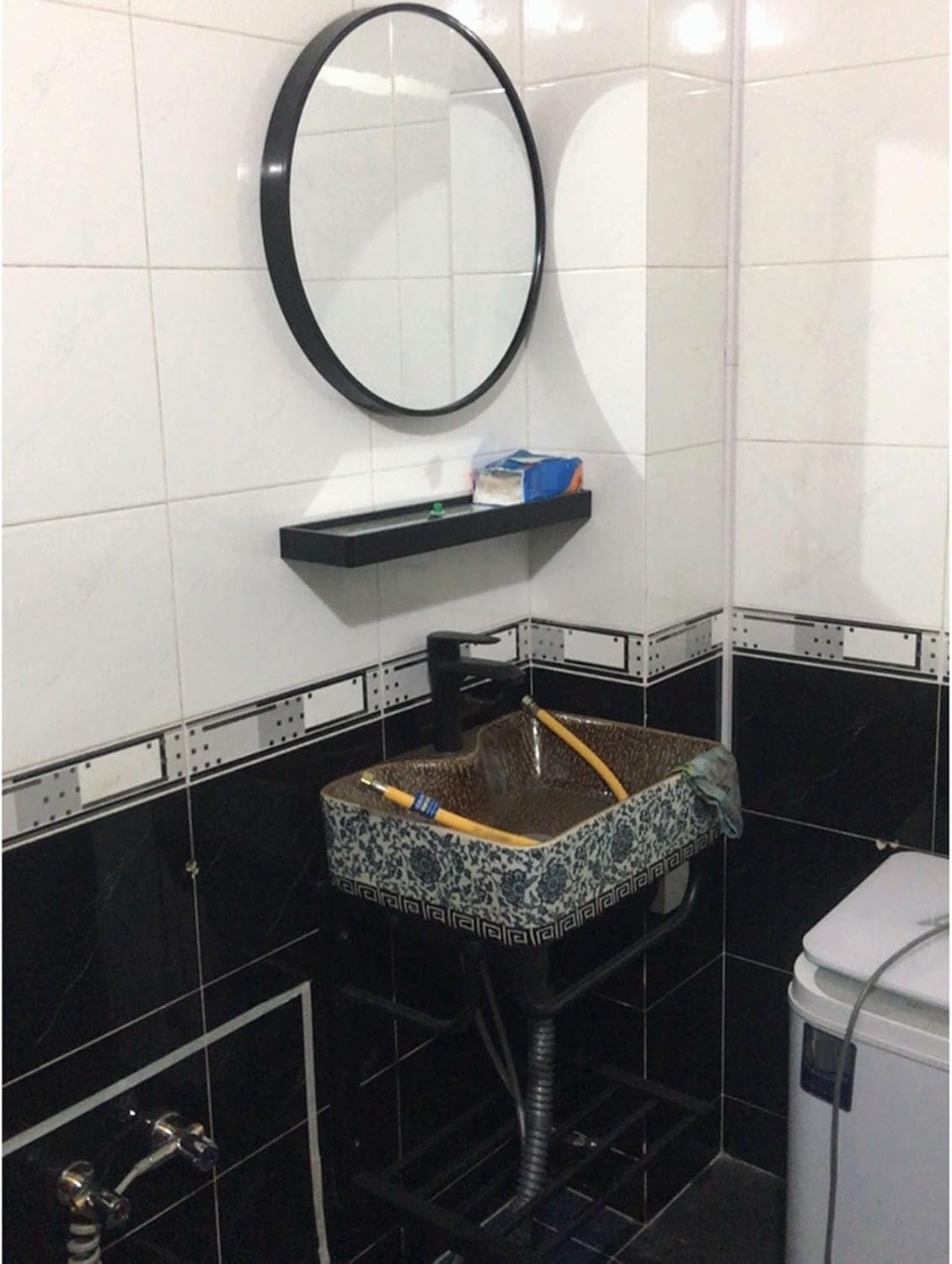 Bathroom Sink Corner, Corner Wall Mount Wash Basin, Bathroom Sink with Towel Rack,Blue and White Style