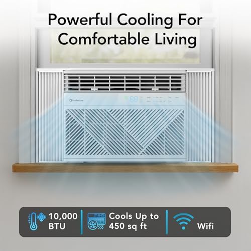 Comfort Zone Window Mounted Smart Wi-Fi Room Air Conditioner with Remote Control, 10,000 BTU, Digital Display, 4 Speed Settings, 4 Mode Settings, 24-Hour Timer, Sleep Setting, and Eco Mode, CZ12759
