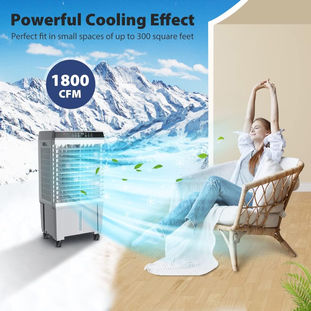 LifePlus Evaporative Air Cooler, 1800CFM Windowless Air Conditioner Portable for Large Room Commercial Garage Outdoor, 3 In 1 Swamp Cooler with Remote Control, 4 Ice Packs, 12H Timer, 5.3 Gallon