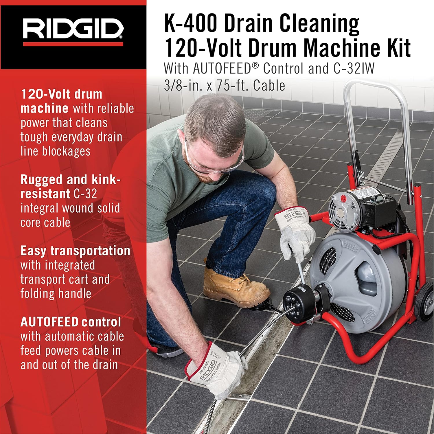 RIDGID K-400 Drain Cleaning 115-Volt Drum Machine Kit with AUTOFEED Control and C-32IW 3/8