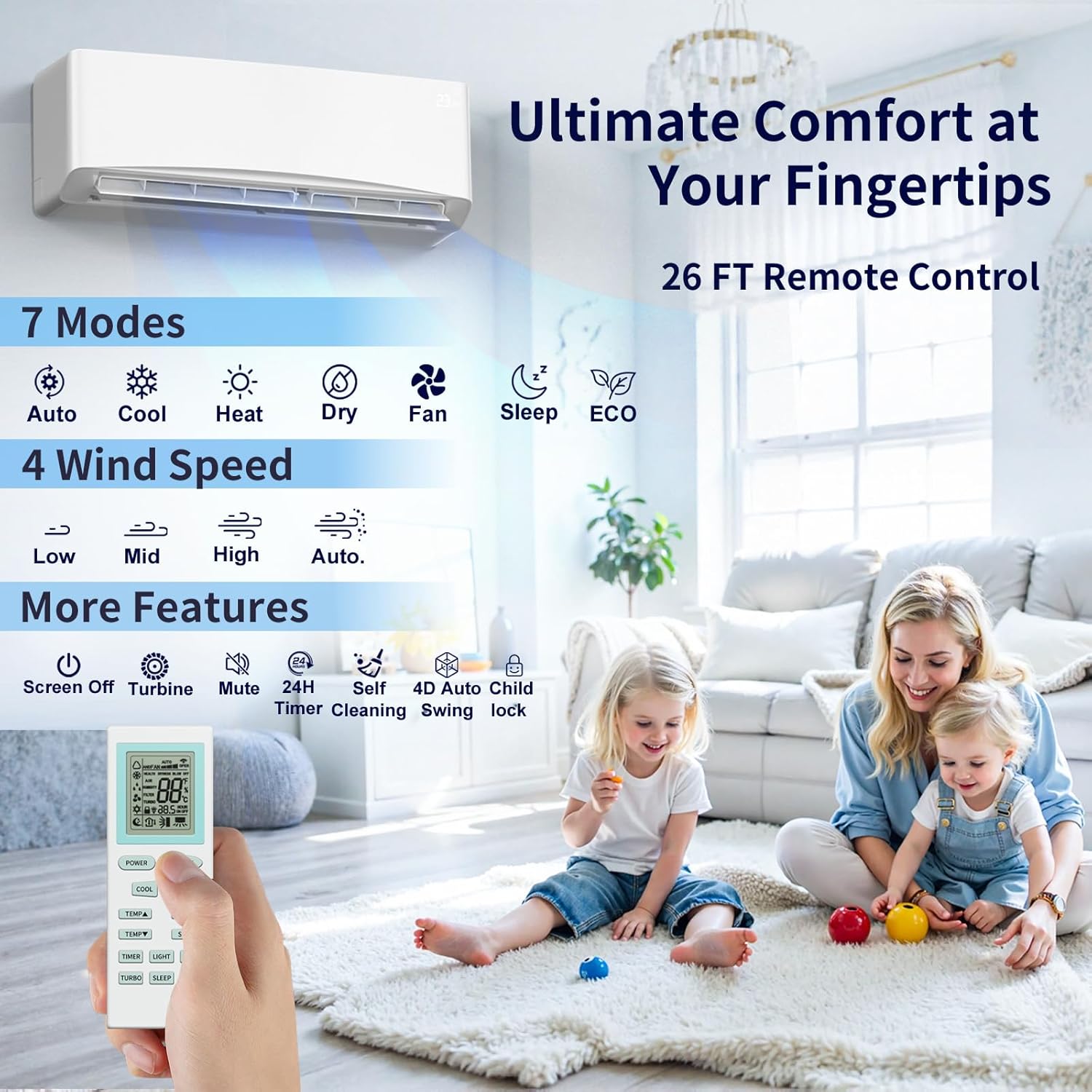 Mini Split AC/Heating System, Energy Efficient Inverter AC Unit with 1 Ton Heat Pump, 12000 BTU Air Conditioner, Coverage Area Up to 750 Sq.Ft 115V
