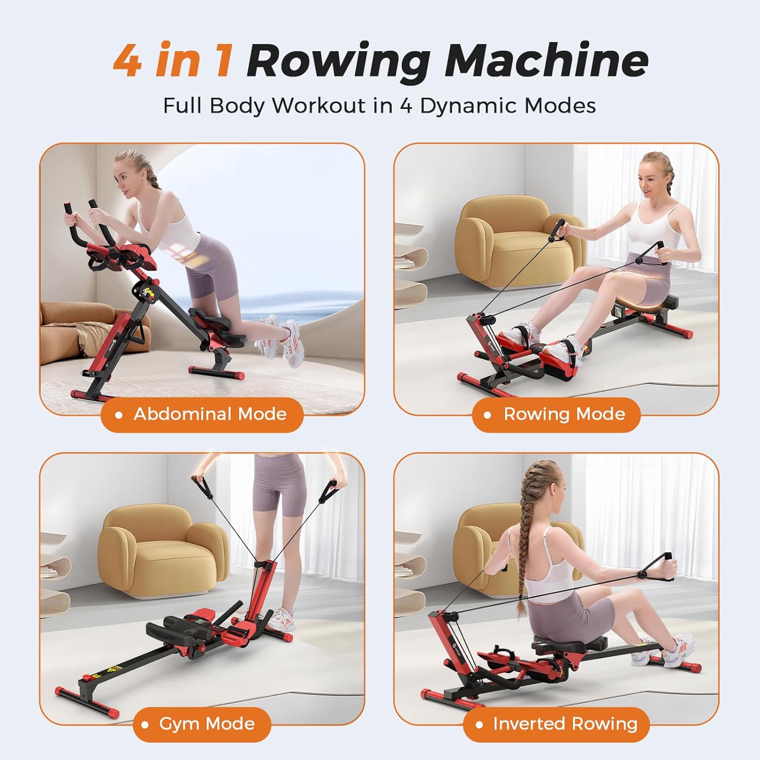Rowing Machines for Home, 4 in 1 Rowing and Ab Machine with 2 Levels of Workout Resistance, Quiet & Foldable Row Machine with 3 Adjustable Handle Heights & LCD Monitor, Rower Machine for Home