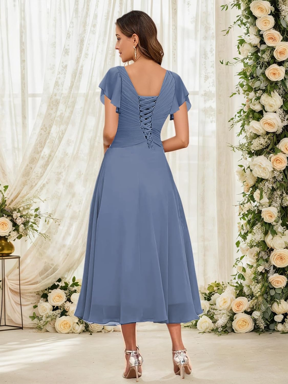POMUYOO Mother of The Bride Dresses for Women Chiffon Tea Length Formal Dresses Wedding Guest Dress with Sleeves