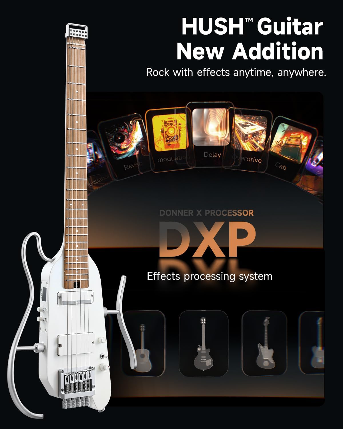 Donner HUSH X PRO Electric Guitar Kit - Smart Travel Guitar with Dozens of Preset Combinations, 7 Tone Sim Options, Metallic White and Mini Electric Amp