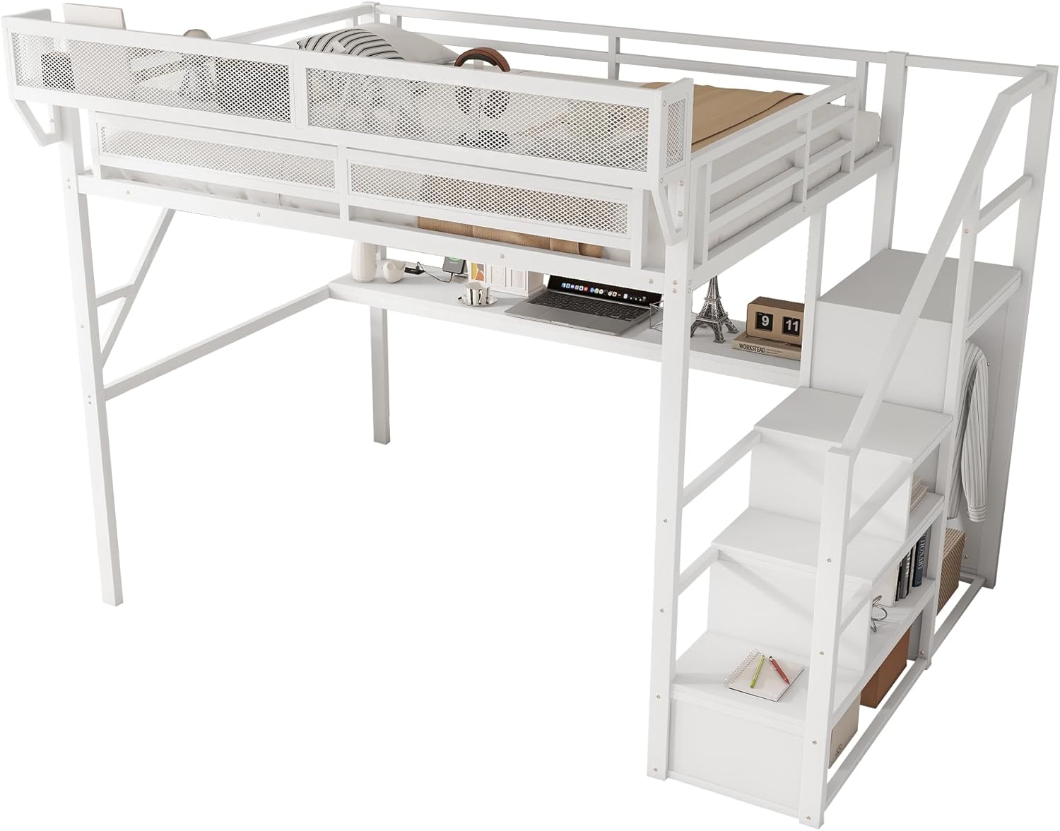 Queen Loft Bed with Desk and Charging Station, Queen Size Metal Loft Bed with Stairs and Light, Black, Patent Products (White)