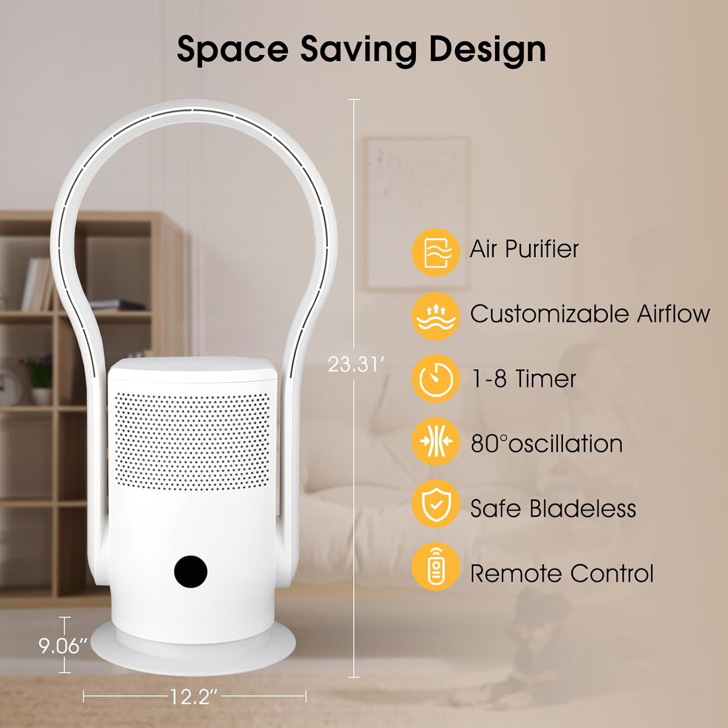 Bladeless Tower Fan with HEPA Filter, 80° Oscillating Bladeless Fan with Remote Control,9 Speeds, 8H Timer, Floor Fan for Home Bedroom, Office, White