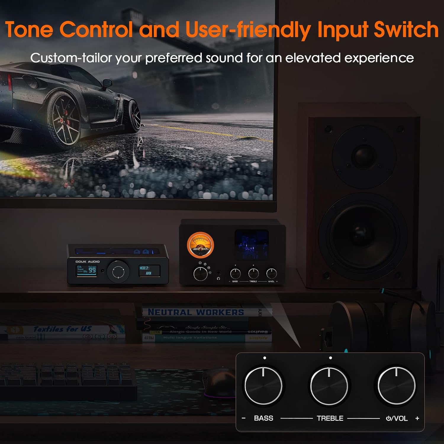 ​Douk Audio Vacuum Tube Preamp: Headphone Amp with VU Meter, 4-Way RCA Selector Switch Box, Preamplifier with Tone Control for​ Receivers, Amplifiers, Speakers, 16-600Ω Headphones (TUBE-T5C)