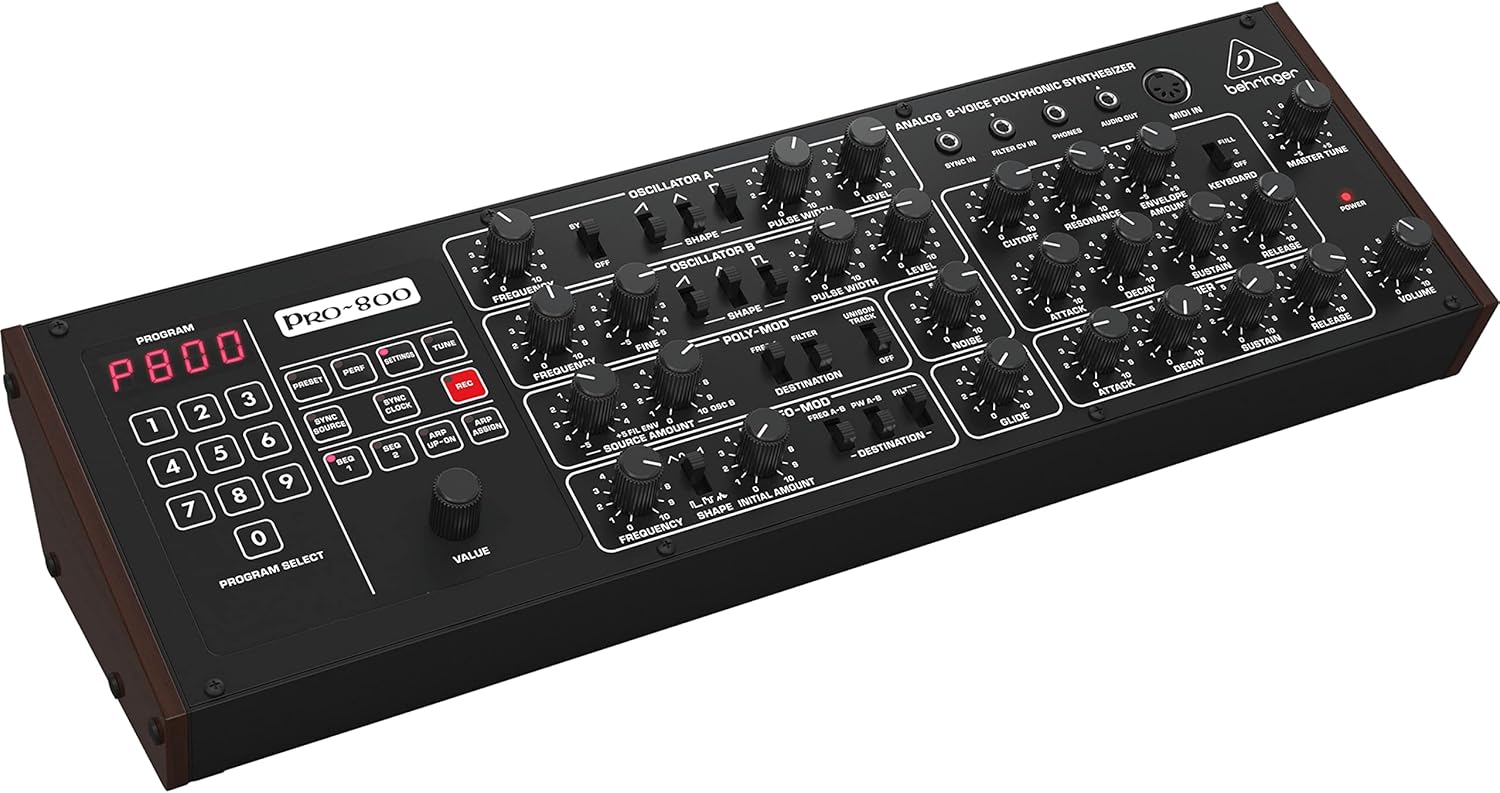Behringer PRO-800 Classic Analog 8-Voice Polyphonic Synthesizer with 2 VCOs, Classic VCF, Arpeggiator, Sequencer and 400 Program Memories in Eurorack Format