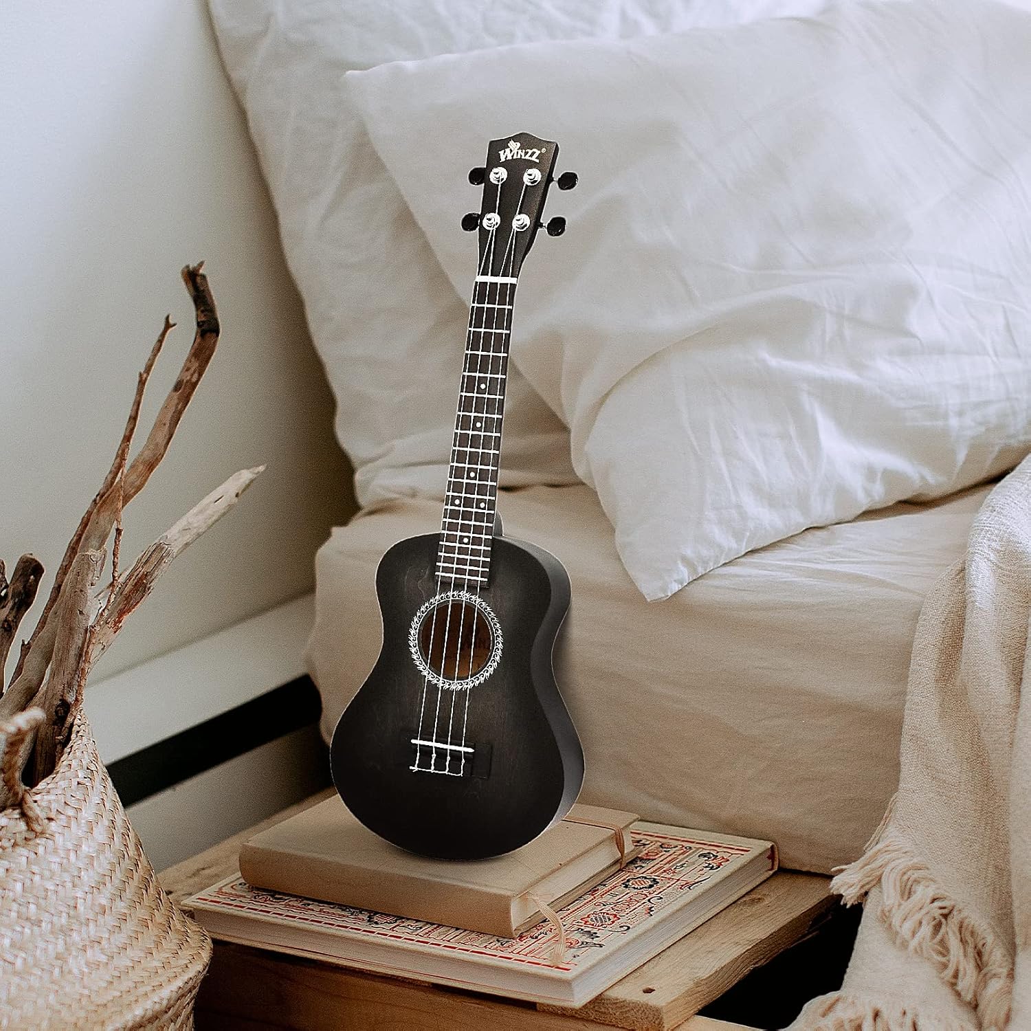 WINZZ HAND RUBBED Series - Concert Ukulele Vintage Hawaiian with Bag, Tuner, Strap, Extra Strings, Fingerboard Sticker, 23 Inches, Black