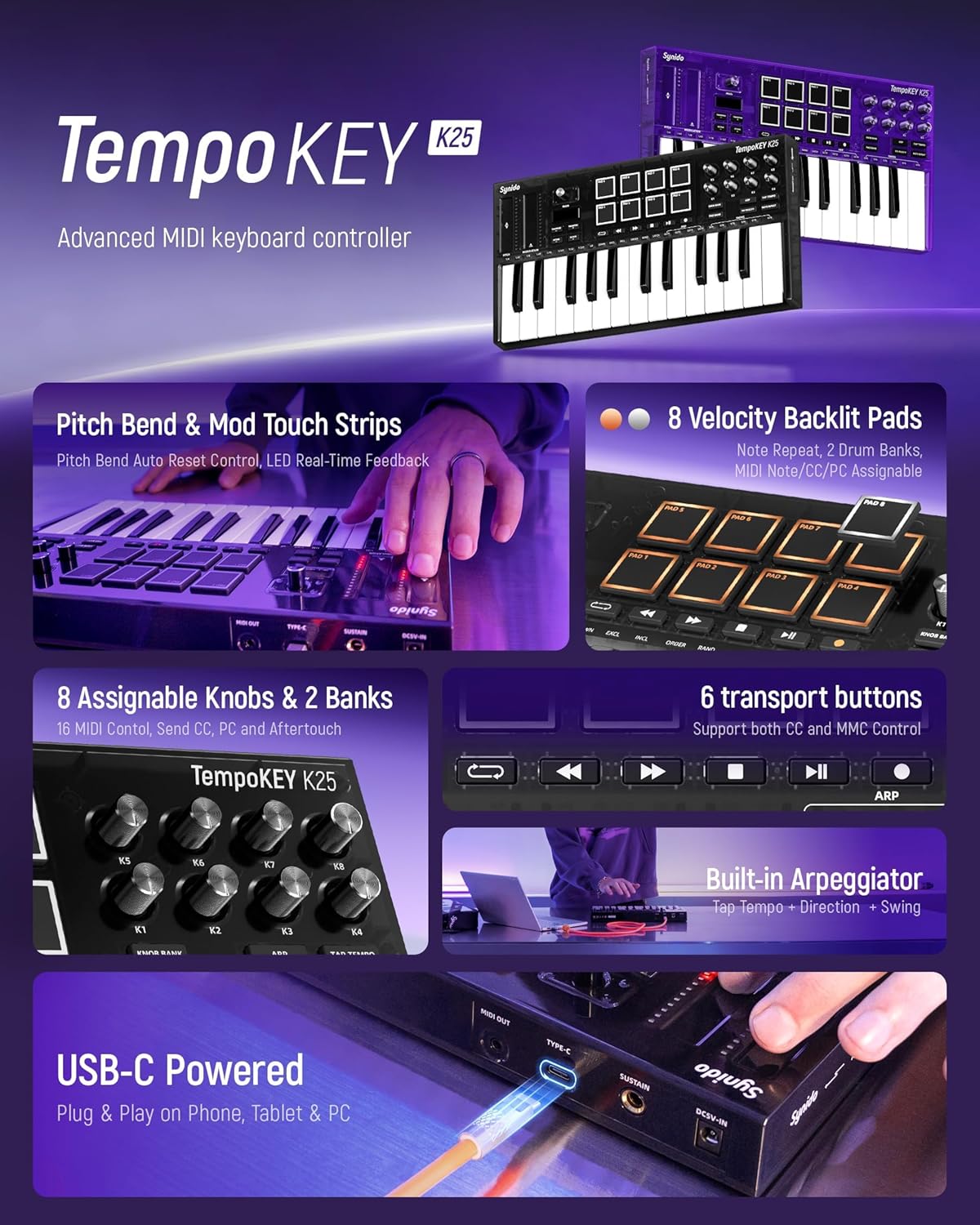 Synido USB C MIDI Keyboard Controller 25 Keys with 8 Backlit Drum Pads, OLED Screen, Compact Mini MIDI Controller for Music Production – Black, TempoKEY K25