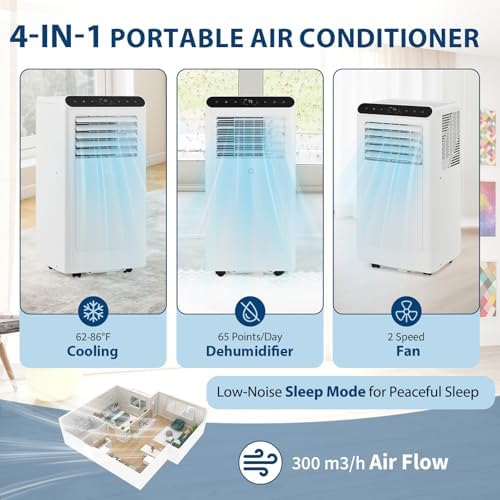 10000 BTU Portable Air Conditioner with Remote Control - 3-In-1 Quiet AC Unit, Dehumidifier & Fan for 350 Sq.Ft Rooms. Includes Window Kit, 24H Timer & Sleep Mode