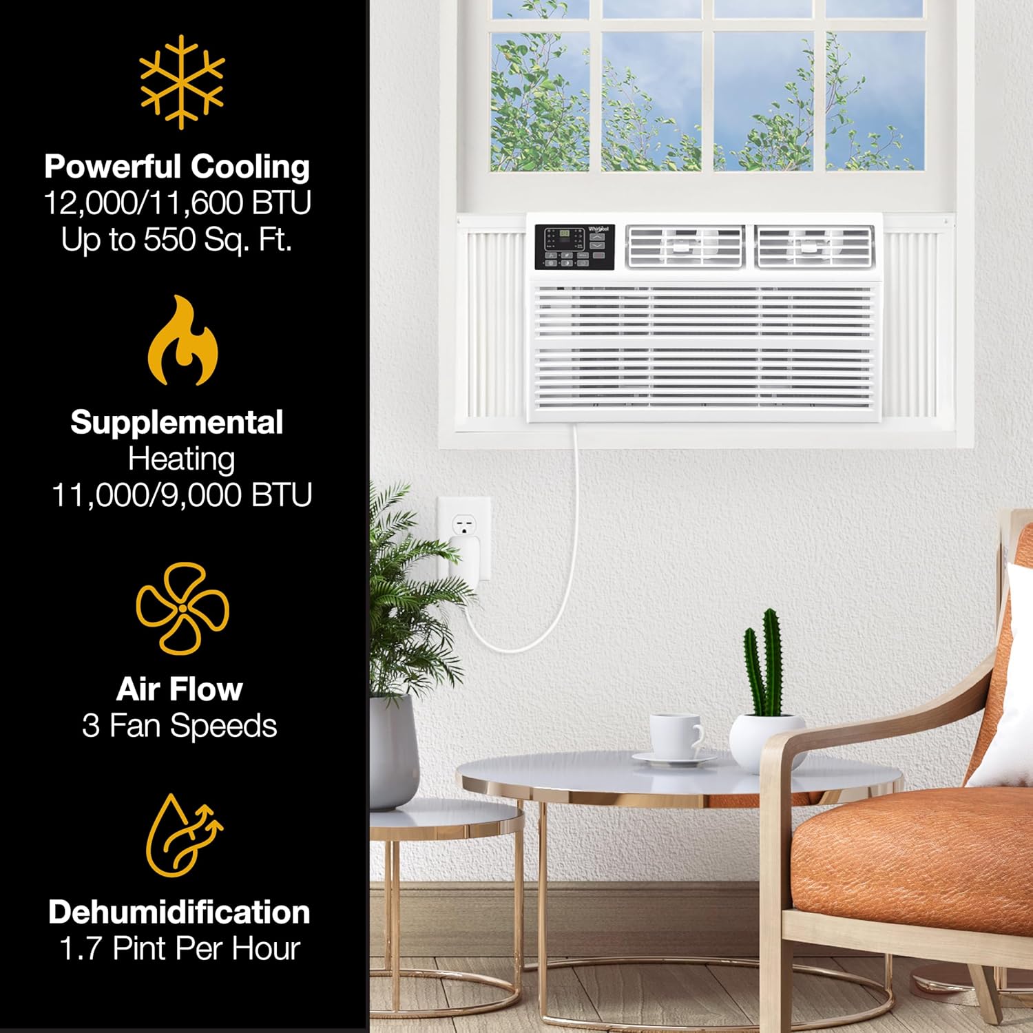 Whirlpool 12,000 BTU 230V Window Air Conditioner with Supplemental Heat, Window Mounted AC Unit with Heater for Apartment, Living Room, Bedroom, Rooms up to 550 Square Feet