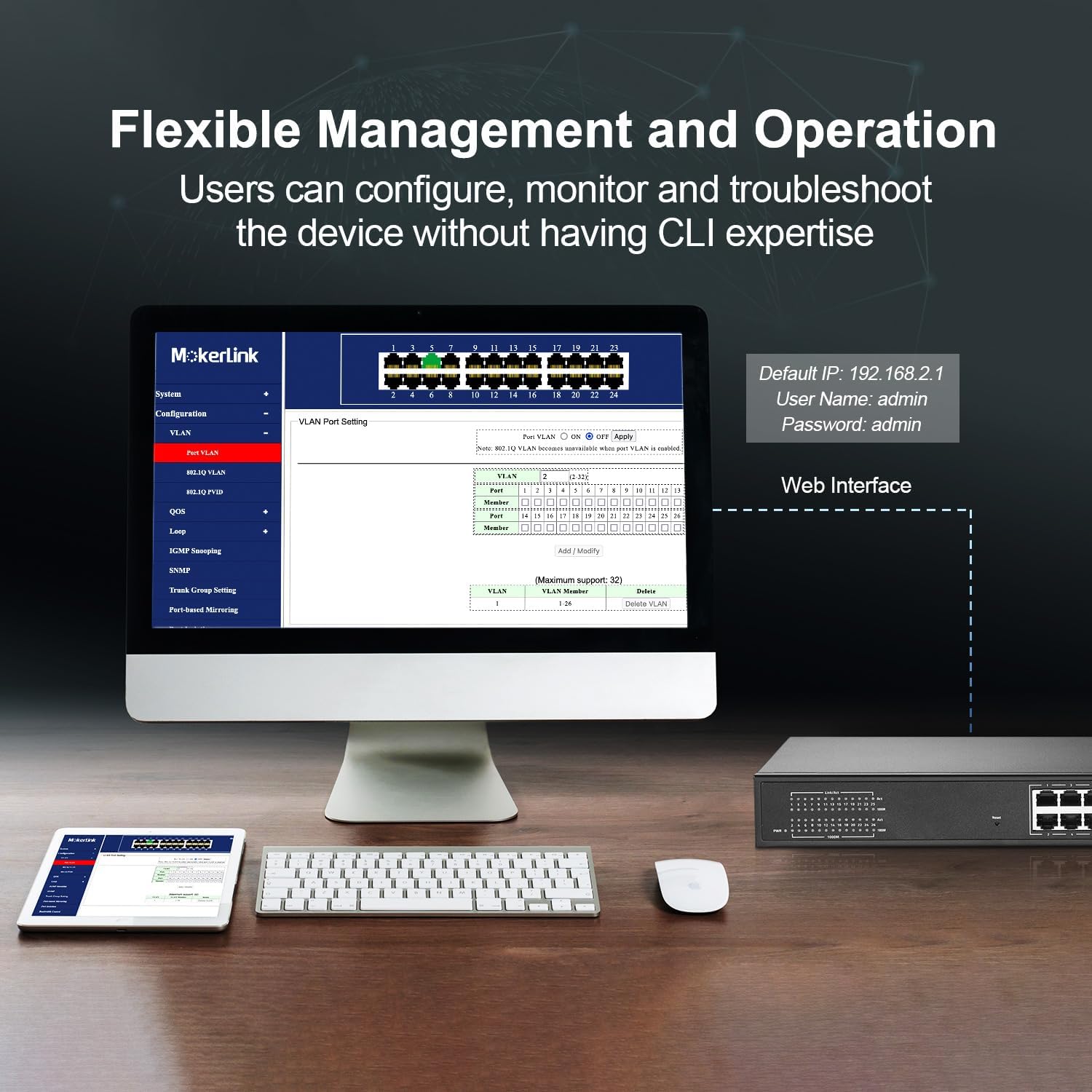MokerLink 26 Port Gigabit Managed Switch, 24 Port GE, 2 x 1G SFP, L2 Smart Web Managed, Rackmount Fanless, QoS Vlan IGMP ACL