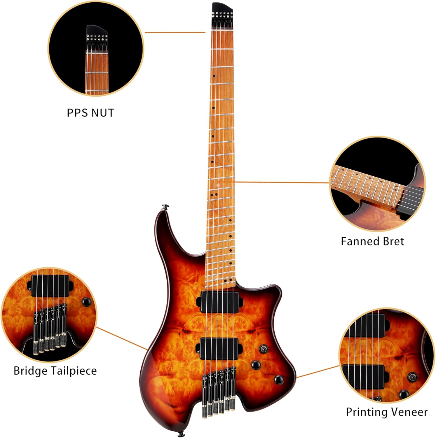 6 String Headless Electric Guitar poplar body Carbon Fibre Maple neck fanned fret