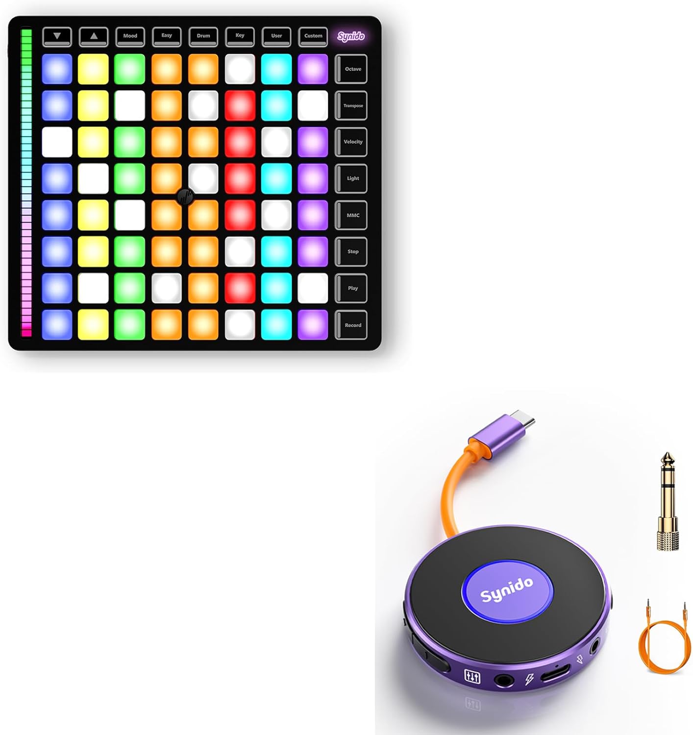 Synido MIDI Pad Beat Maker Machine with 64 Velocity Sensitive RGB Pads and Synido Portable Guitar Audio Interface for Live Stereo Streaming While Charging