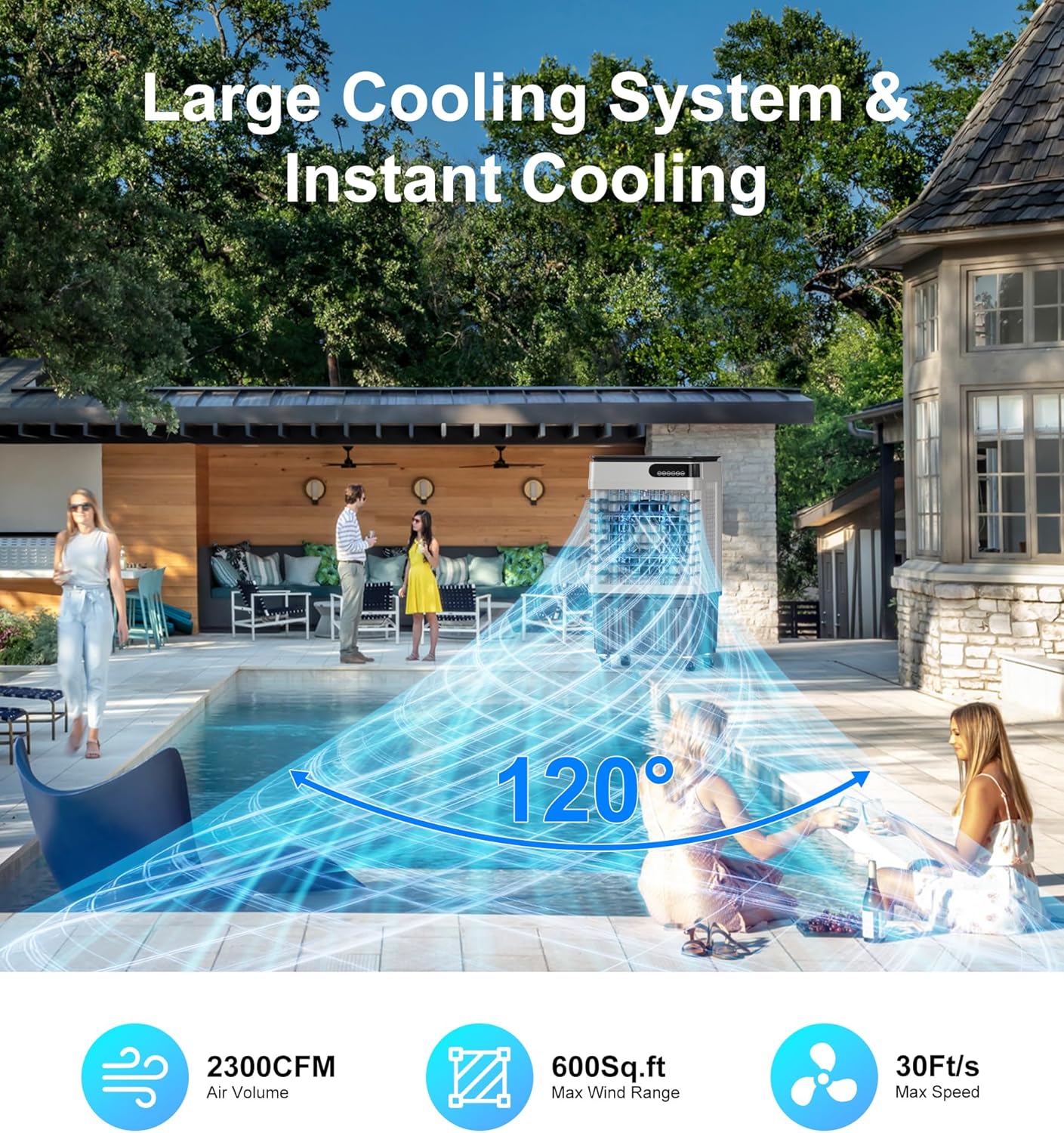 AKIRES 2300CFM Swamp Cooler,Evaporative Air Cooler with 7-Gal Water Tank,4 Ice Packs,Evaporative Cooler for Outdoor Patio Garage Commercial Industrial Use (34IN)