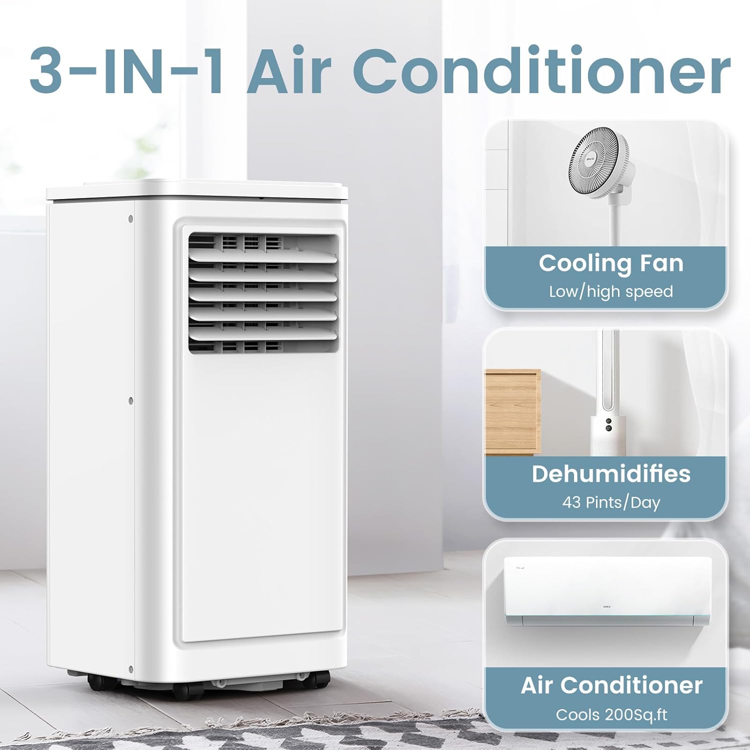 8000 BTU Portable Air Conditioners for Room up to 350 Sq. Ft, 3-in-1 Mini AC Unit for Bedroom with Dehumidifier & Fan Mode, Remote Control, Sleep Mode, 24H Timer