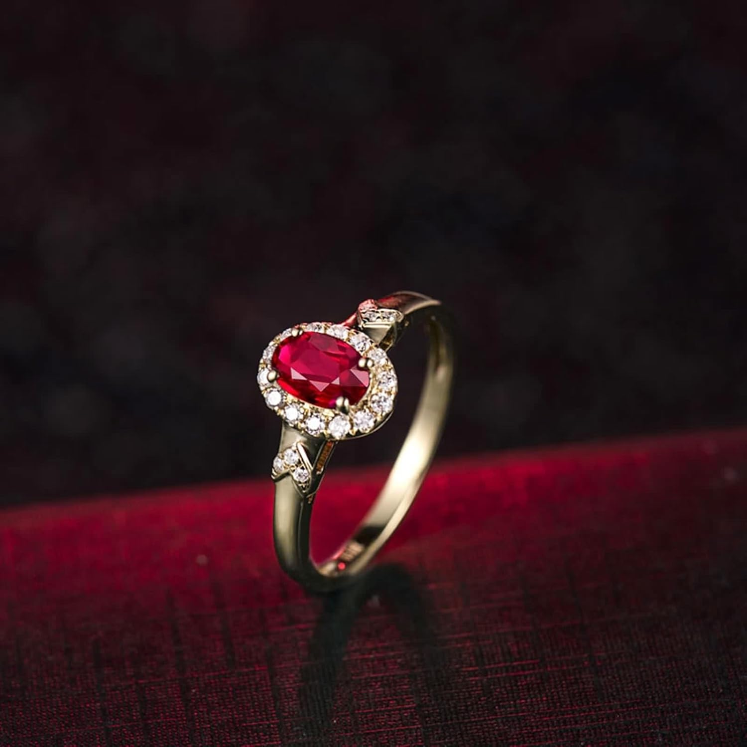 Ruby Ring Pave, Wedding Rings Women 18K Yellow Gold 0.532ct Oval Ruby Eternity Band for Wife