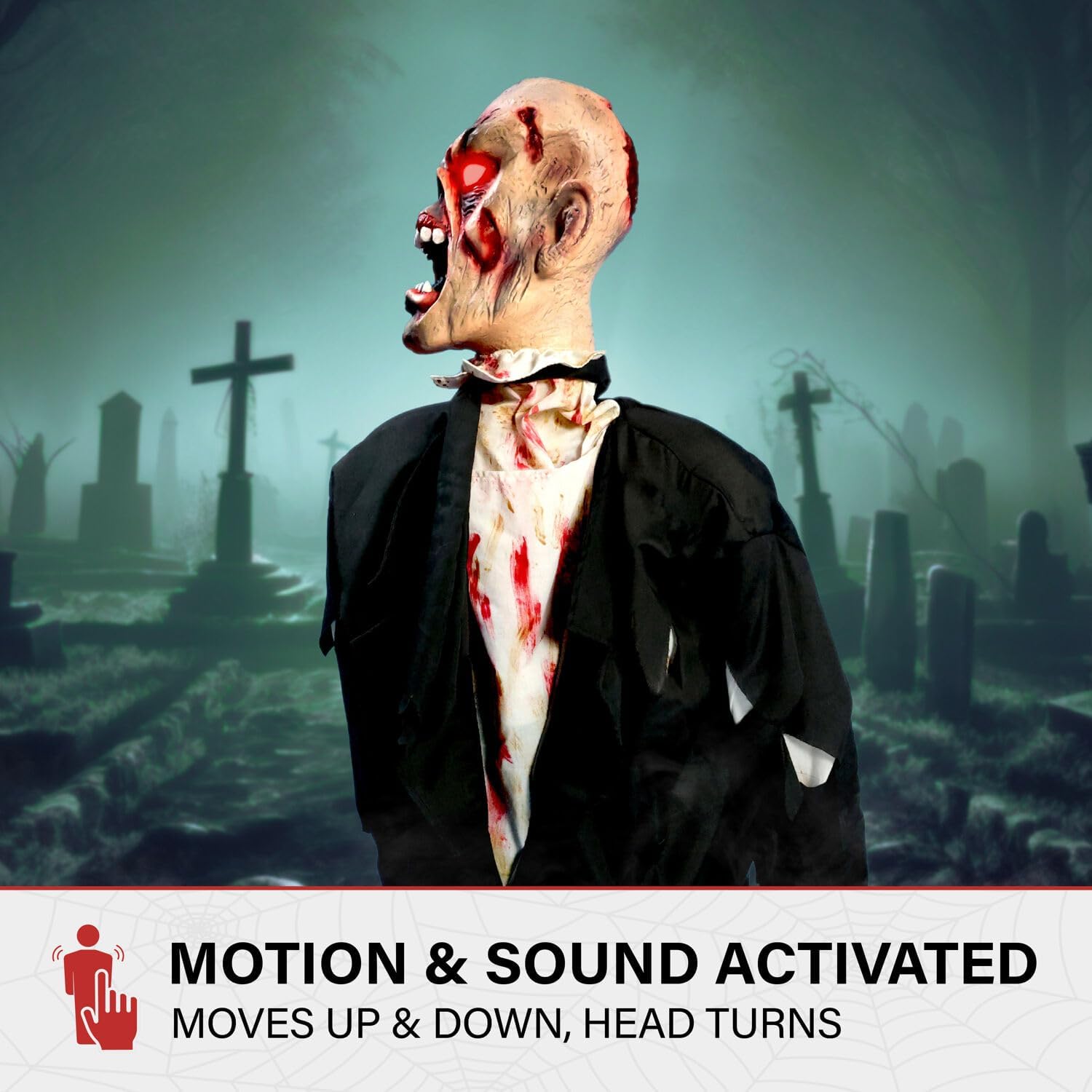 Haunted Hill Farm Damien by Tekky, Battery-Operated, Motion and Sound Activated Animatronic Zombie with Sound Effects and Lights for Indoor or Covered Outdoor Creepy Halloween Decoration