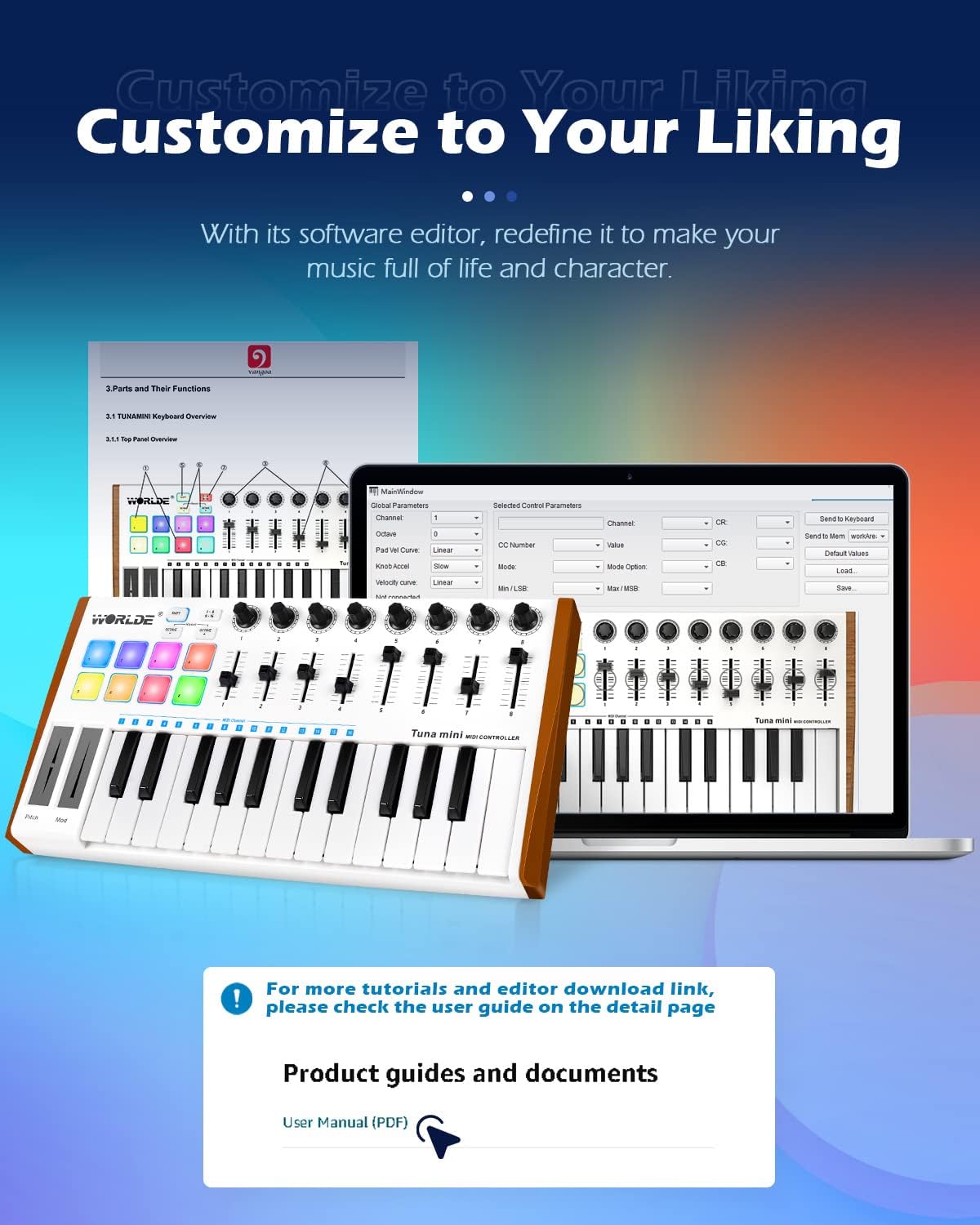 Vangoa Worlde MIDI Keyboard Controller 25 Key, Worlde Tuna Mini USB Portable Beat Maker Machine, Midi Keyboard with Drum Pads for Beginners, 8 Knobs, 8 Faders, Pedal Interface, White