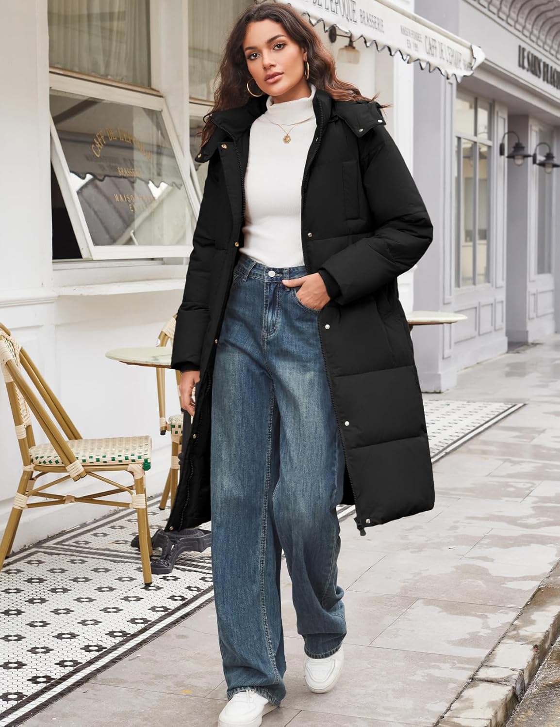 Flygo Long Winter Coats for Women Hooded Puffer Coat Jackets Thickened Midi Long Sleeve Zip Down Parka Outerwear