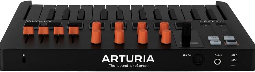 Arturia MiniLab 3 25 SlimKey Controller Bundle with 3ft Pig Hog MIDI Cable & Polishing Cloth– Orange, USB-MIDI Keyboard, 8 RGB Pads, 8 Encoders, Faders, DAW Integration, Software for Music Production