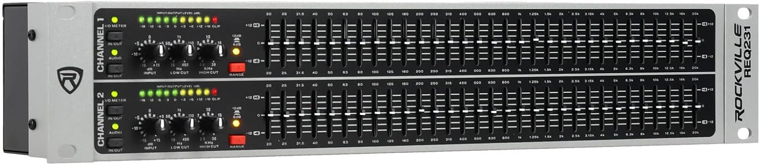 Rockville REQ231 V2 Dual 31-Band Pro Audio Graphic Equalizer, Rackmount, Sub Out, Low/High-Cut for Live Sound