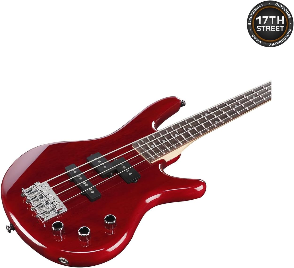 Ibanez GSRM20 4-String Bass Guitar (Transparent Red) - Right Handed Poplar Body Bass with GSF50 Powerpad Strap, 15 Pack Guitar Picks with Storage Box & Microfiber Cleaning Cloth (Bundle Set)
