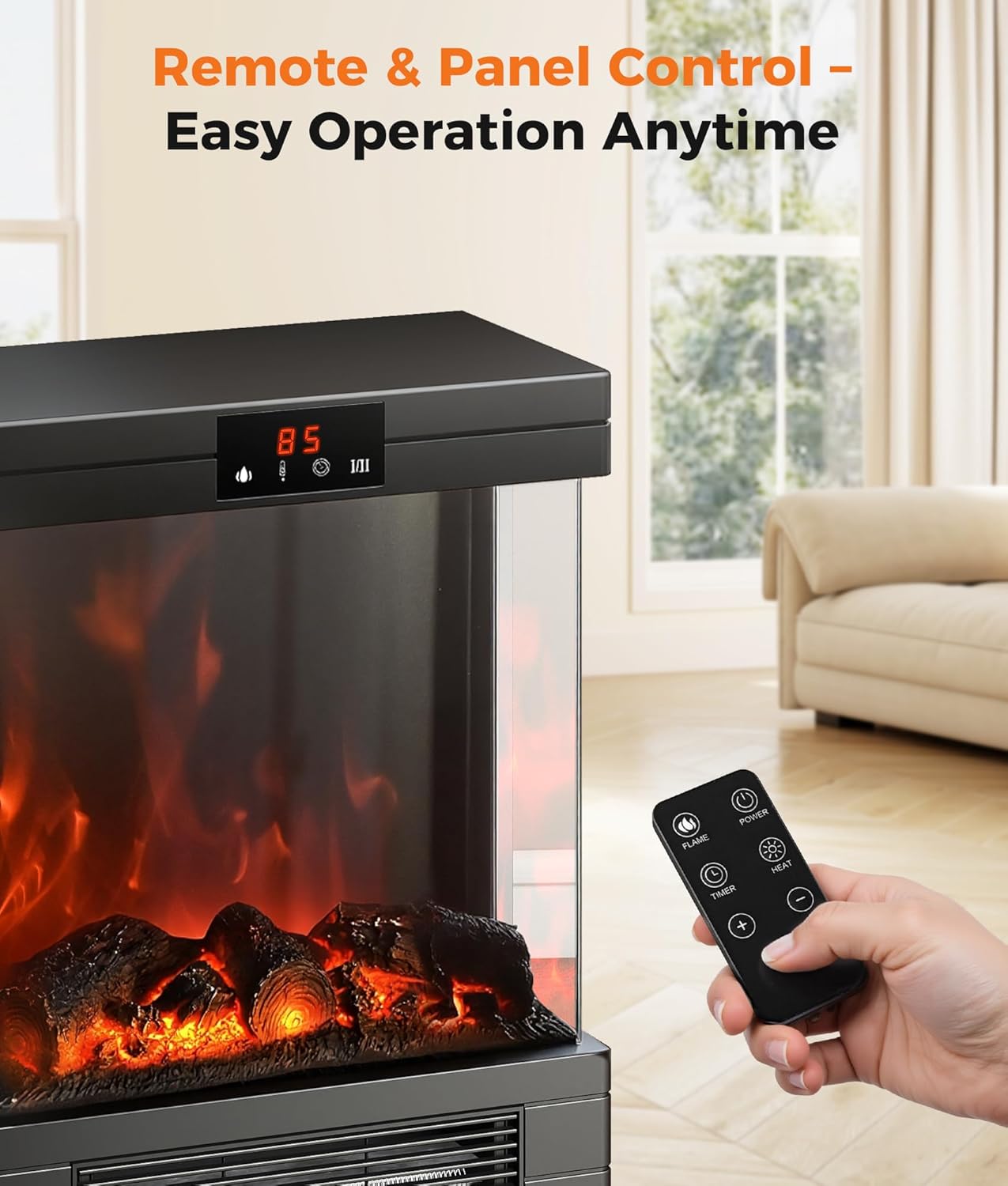 Electric Fireplace Stove Heater - Freestanding Fireplace Heater for Indoor Use with Realistic 3D Flame, Adjustable Thermostat & Remote, Quiet, Timer for Living Room and Bedroom