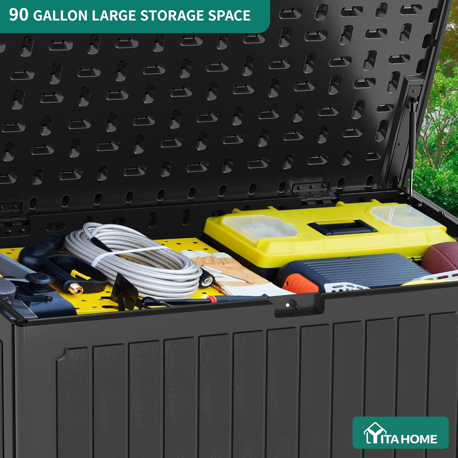YITAHOME 90 Gallon Large Deck Box with Side Handles, Outdoor Double-Wall Storage for Patio Furniture Cushions, Garden Pool Accessories, Waterproof & Lockable