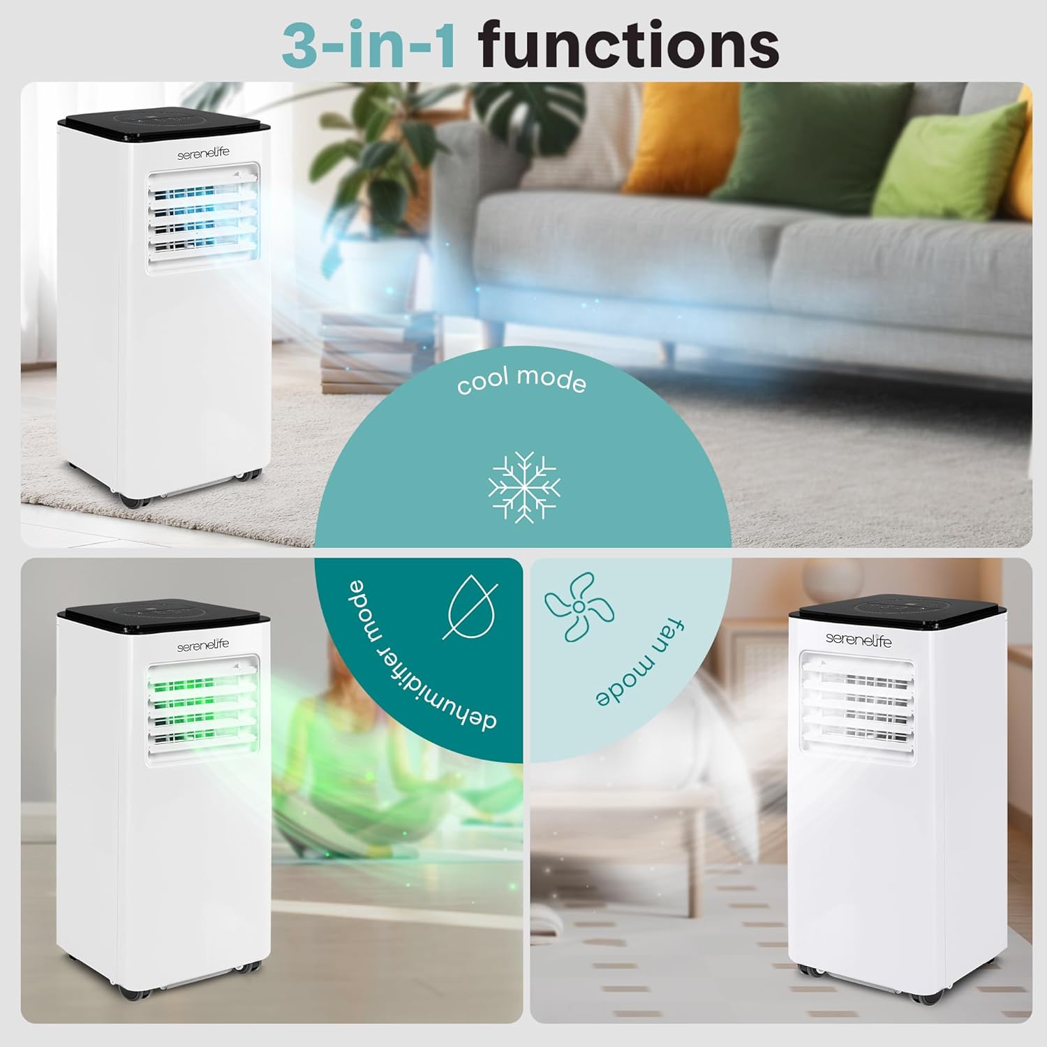 SereneLife 8000 BTU Portable Air Conditioner, Compact 3-in-1 Portable AC for Room Up to 350 Sq Ft with Dehumidifier & Fan Function, Remote Control, Window Mount Kit, Single Duct, 13