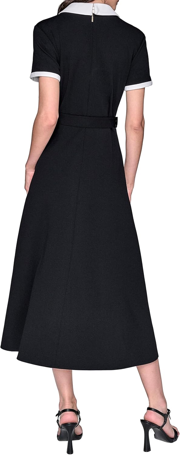 Karl Lagerfeld Womens Contrast Collar and Sleeve Trim Midi Dress