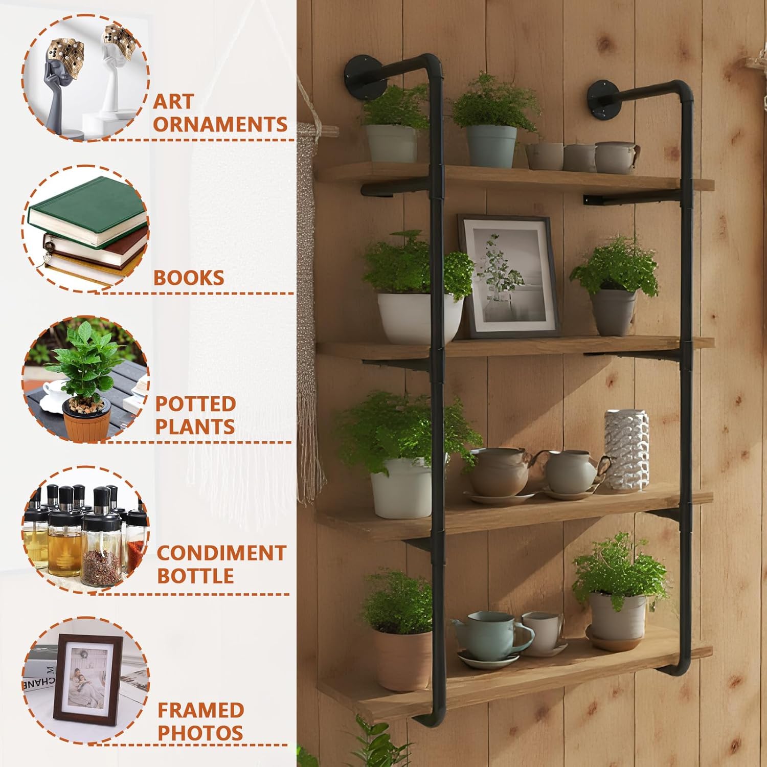 5-Tier Vintage Book Shelf, Industrial Style Display Shelving Unit, Metal and Wood Rustic Brown Bookshelves, Farmhouse Open Book Shelves for Living Room Bedroom Home Office (4-Tier)