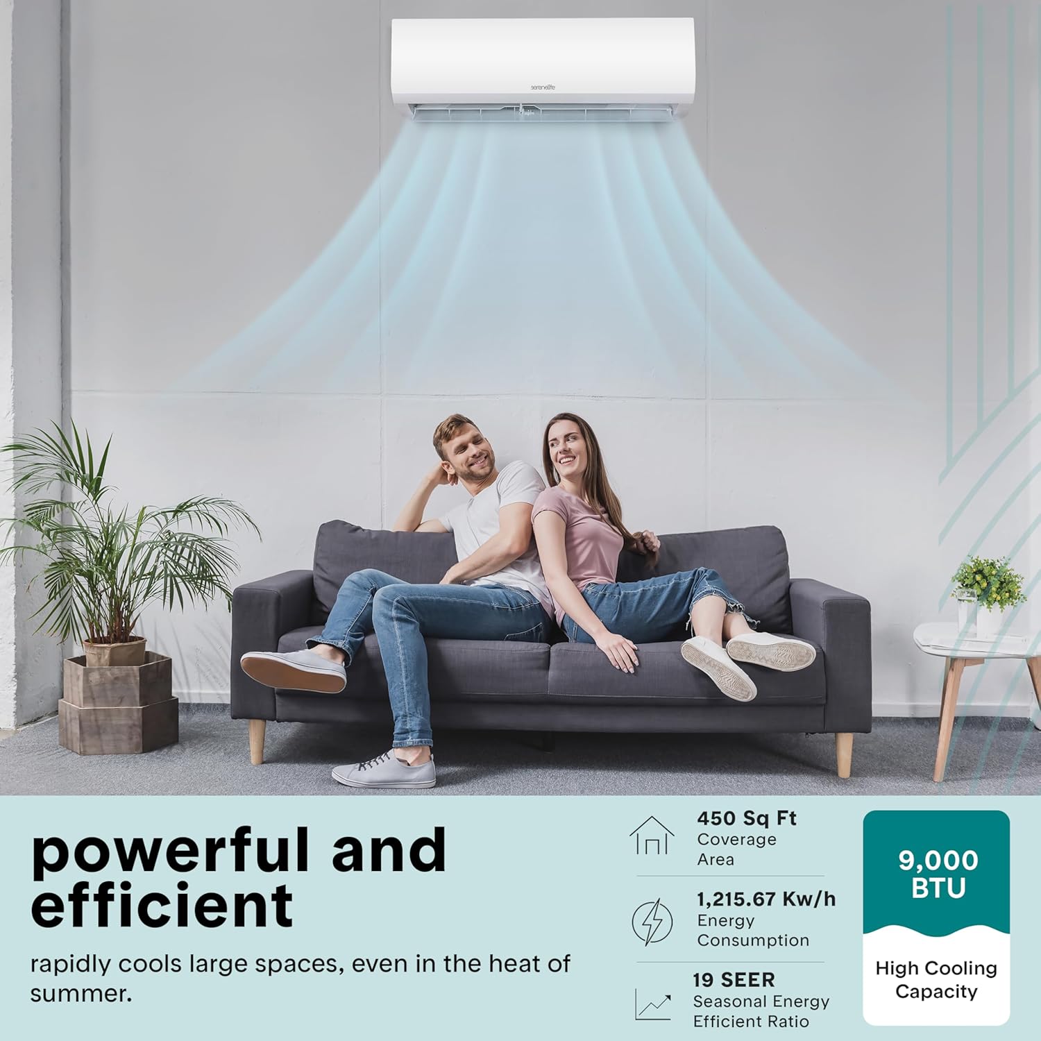 SereneLife 9,000 BTU Mini Split AC/Heating System 115V – Mini Split Air Conditioner with Heat Pump, WiFi, Fast Cooling & Heating for Home/Bedroom/Office – Up to 450 Sq Ft