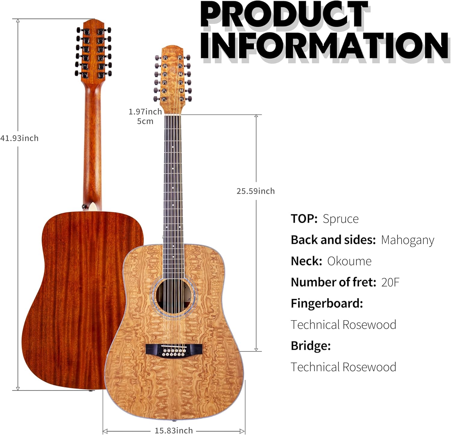 TARIO Left-handed 12 Strings Acoustic Guitar Curly Ash Top Mahogany back & sides Okoume Neck