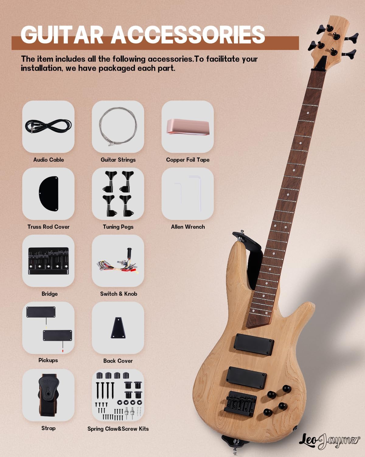 Leo Jaymz DIY Electric Bass Guitar Kits -Roasted Ash Body,Roasted Maple Neck and Ebony Fingerboard - Fully Components Included (IB 4Strings)