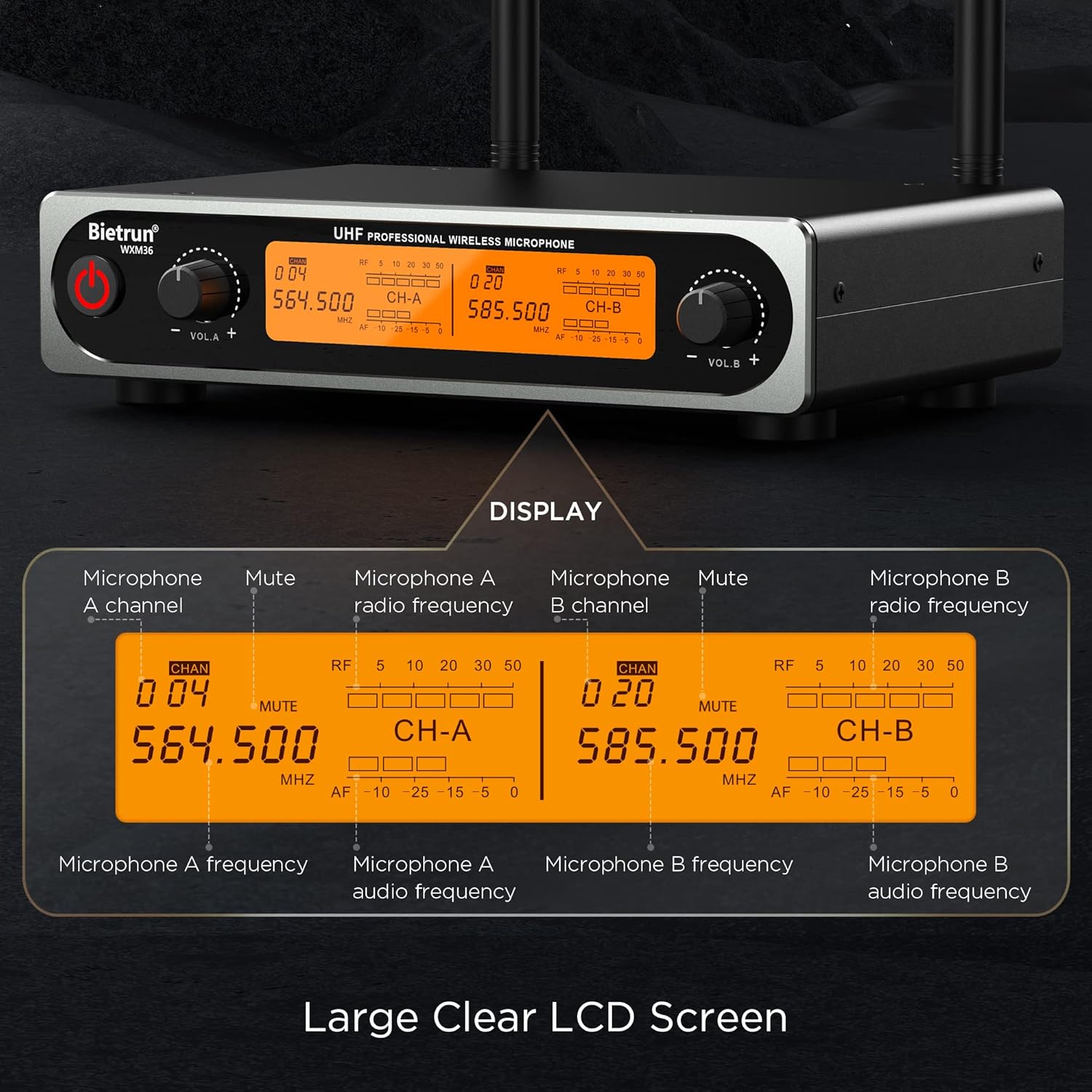 Bietrun Wireless XLR Microphone System, 165 ft Range, Professional UHF Dual Metal Cordless Dynamic Handheld Microphone with XLR Cable for Audio Mixer, Amplifier, Karaoke, Church, Speech, Wedding