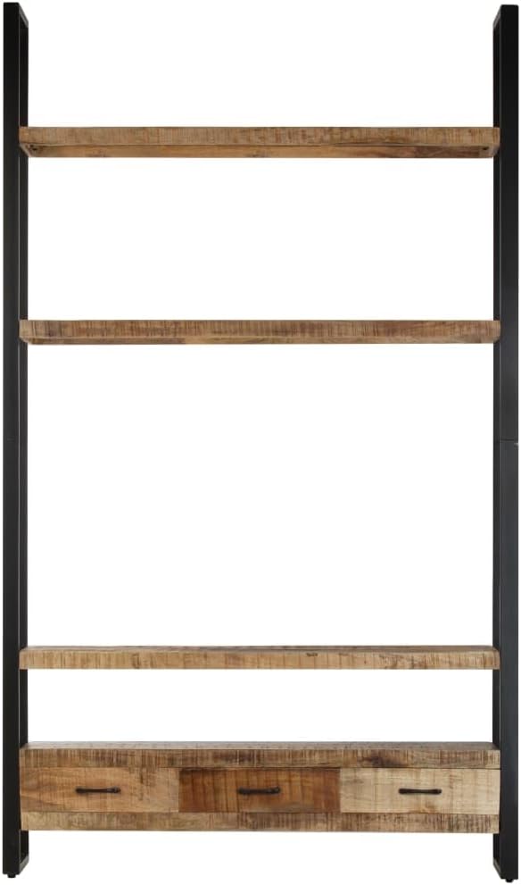 Rustic Solid Mango Wood Bookshelf with Black Metal Frame, 3 Spacious Shelves for Books and Decor, Unique Wood Grain Design, Wall Mountable Storage Unit for Living Room Office