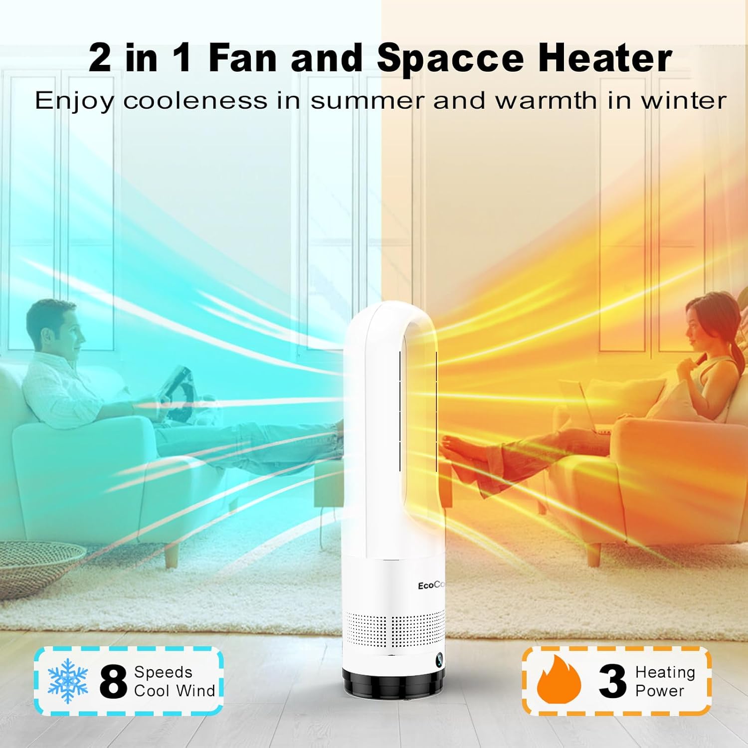 Bladeless Tower Fan for Bedroom, 22Inch 1400W Space Heater & 40W Cooler Fan Combo with Remote, Overheat & Tip-Over Protection, 80° Oscillating, 9H Timer, LED Display for Bedroom, Kitchen, Office