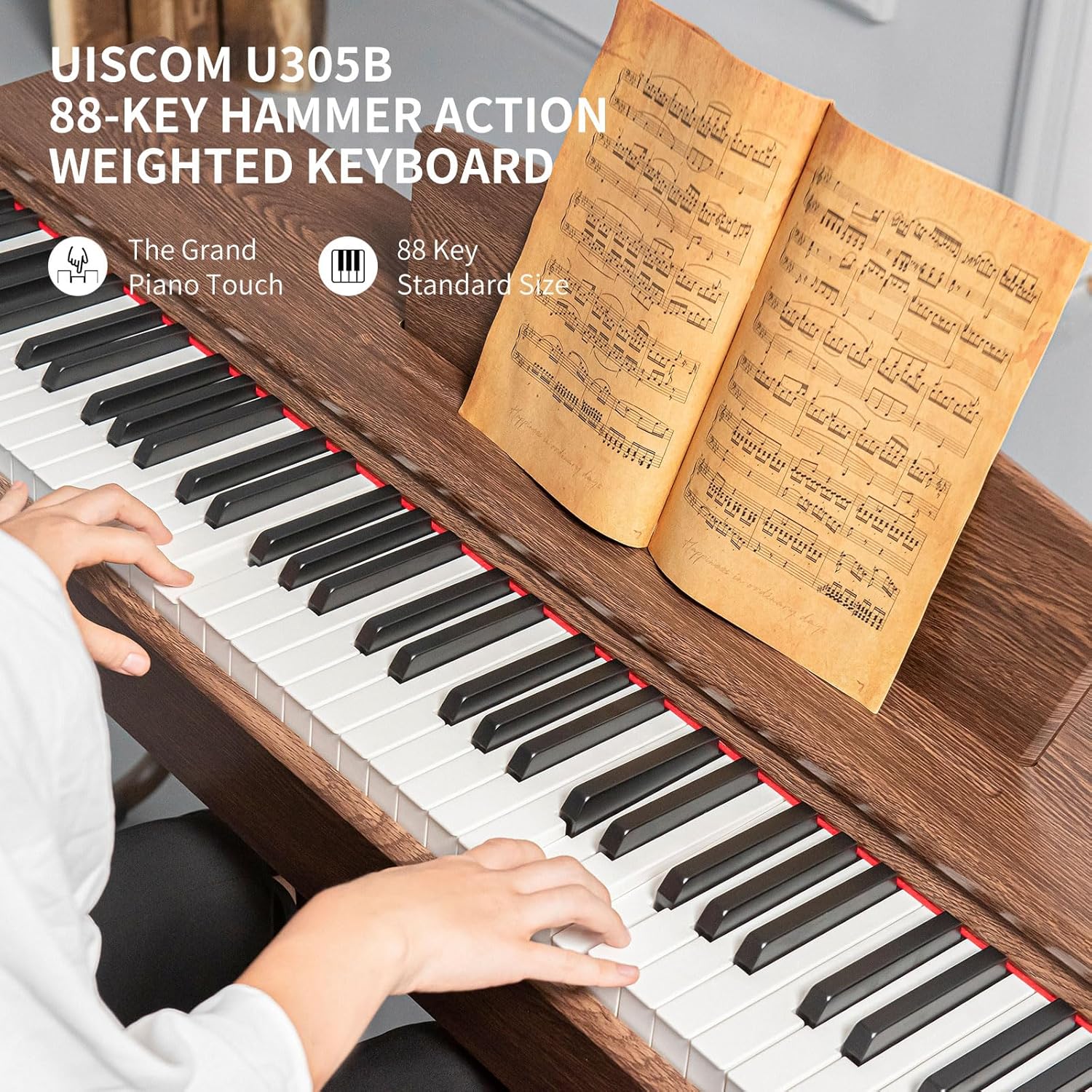 88-Key Weighted Keyboard Digital Piano in Walnut Wood Color - Electric Piano Perfect for Beginners, Includes Sheet Music Stand, Triple Pedal, Power Adapter, and USB-MIDI Support