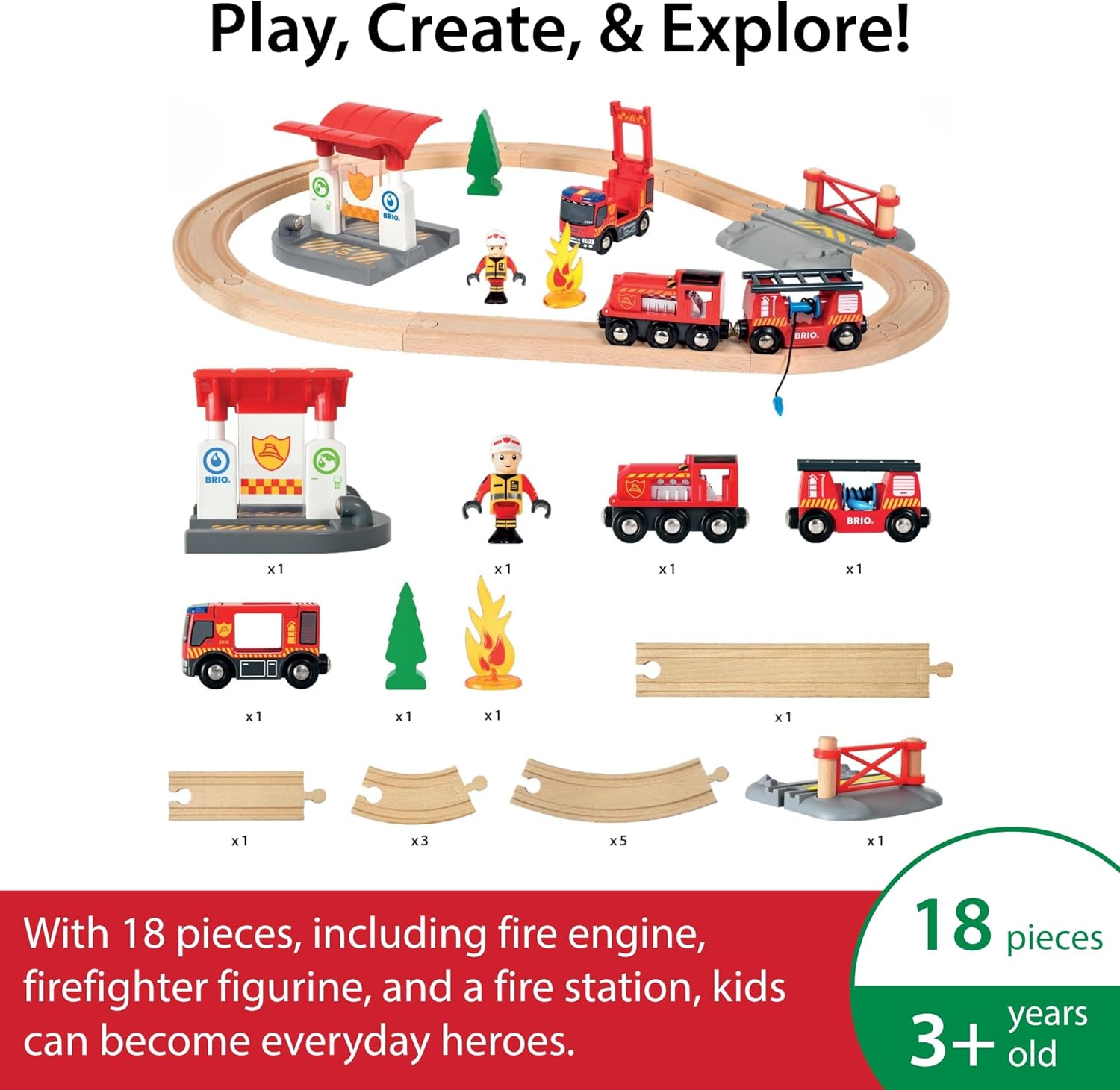 BRIO World Rescue Firefighter Set - 18-Piece FSC-Certified Wood Train Set & Accessories - Fire Train Engine with Lights and Sound, Wooden Tracks & More - Works with All Wooden Train Sets - Ages 3 & Up
