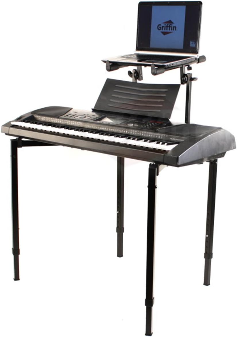 Griffin Double Piano Keyboard Stand & Laptop Mount (QuickFOLD Series) – 2 Tier/Dual Portable Studio Mixer Rack for Turntables, DJ Coffins, Digital Audio Gear & Music Equipment – Folding Multi Stage