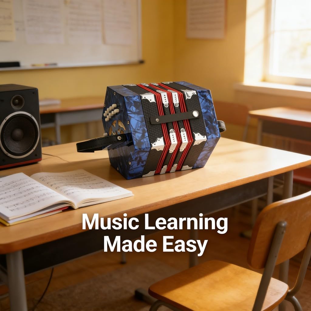 Concertina Accordion, Portable Professional Musical Instrument, Solid Wood Leather Celluloid, 18 x 17 x 17cm, 3 Colors - Adjustable Hand Strap, Beginner Friendly, Ideal for Adult (Jewel Blue)