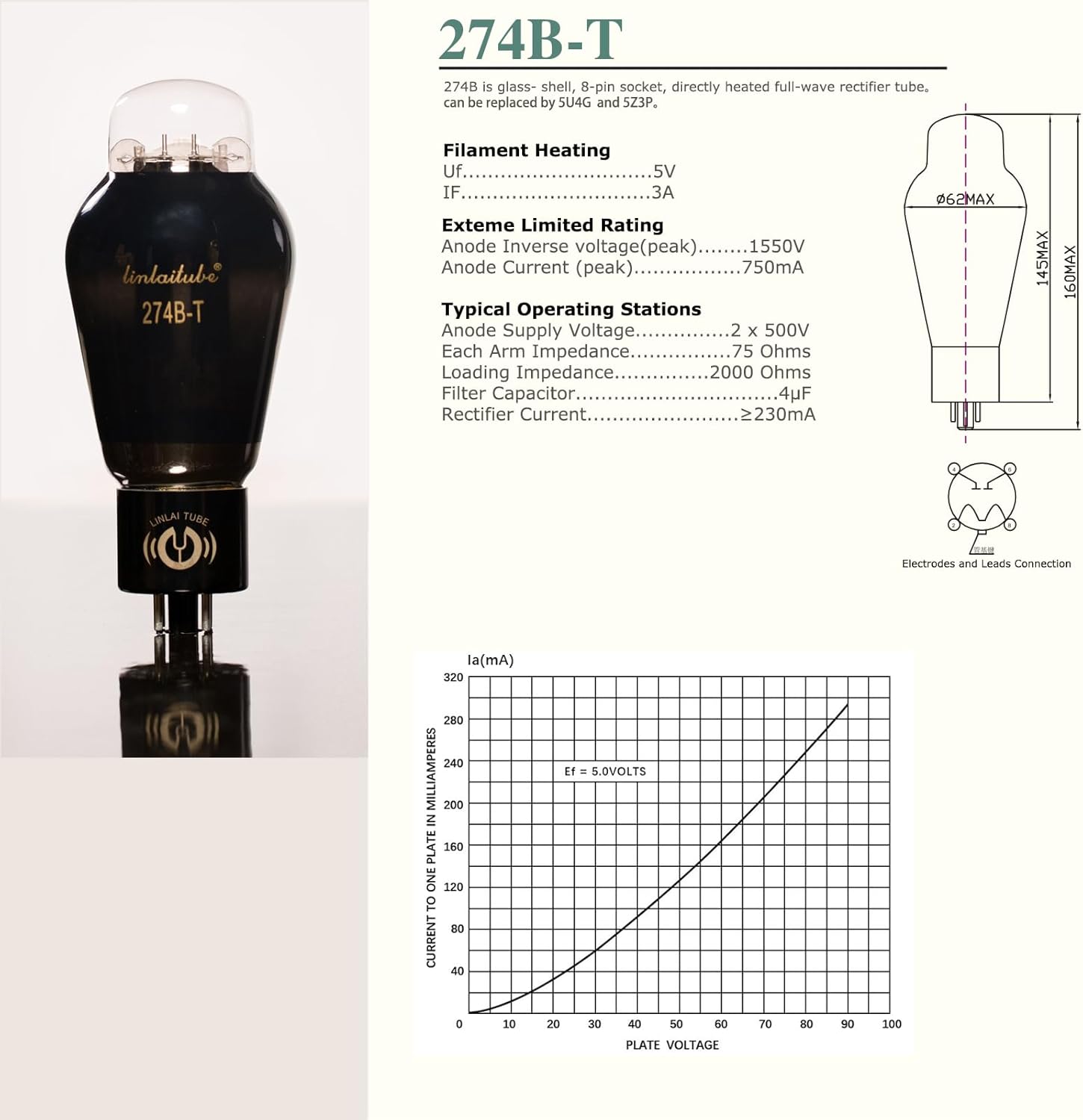 LINLAI 274B-T Full Wave Rectifiers High Vacuum Hifi Valve Electronic Tube for Audio Amplifier 1 Piece