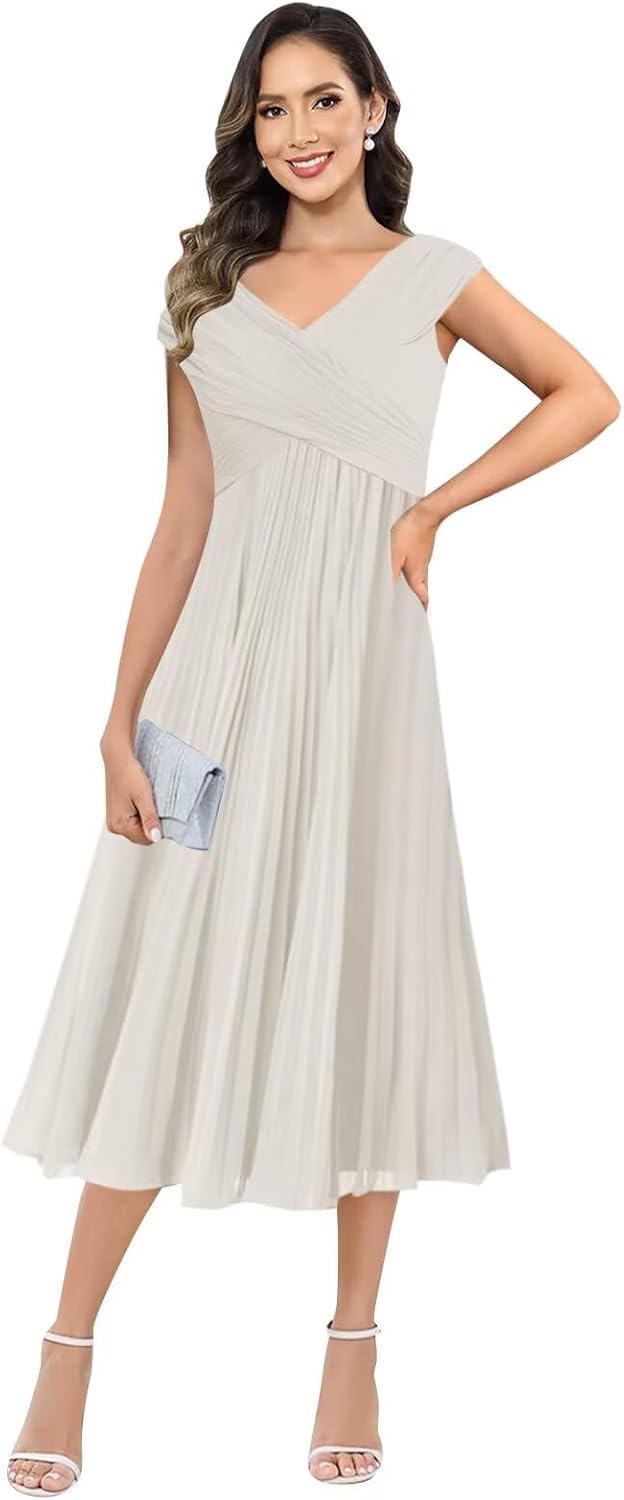BANTRATIC Tea Length Mother of The Bride Dresses for Wedding Chiffon Cap Sleeve V Neck Pleated Formal Prom Gown with Belt