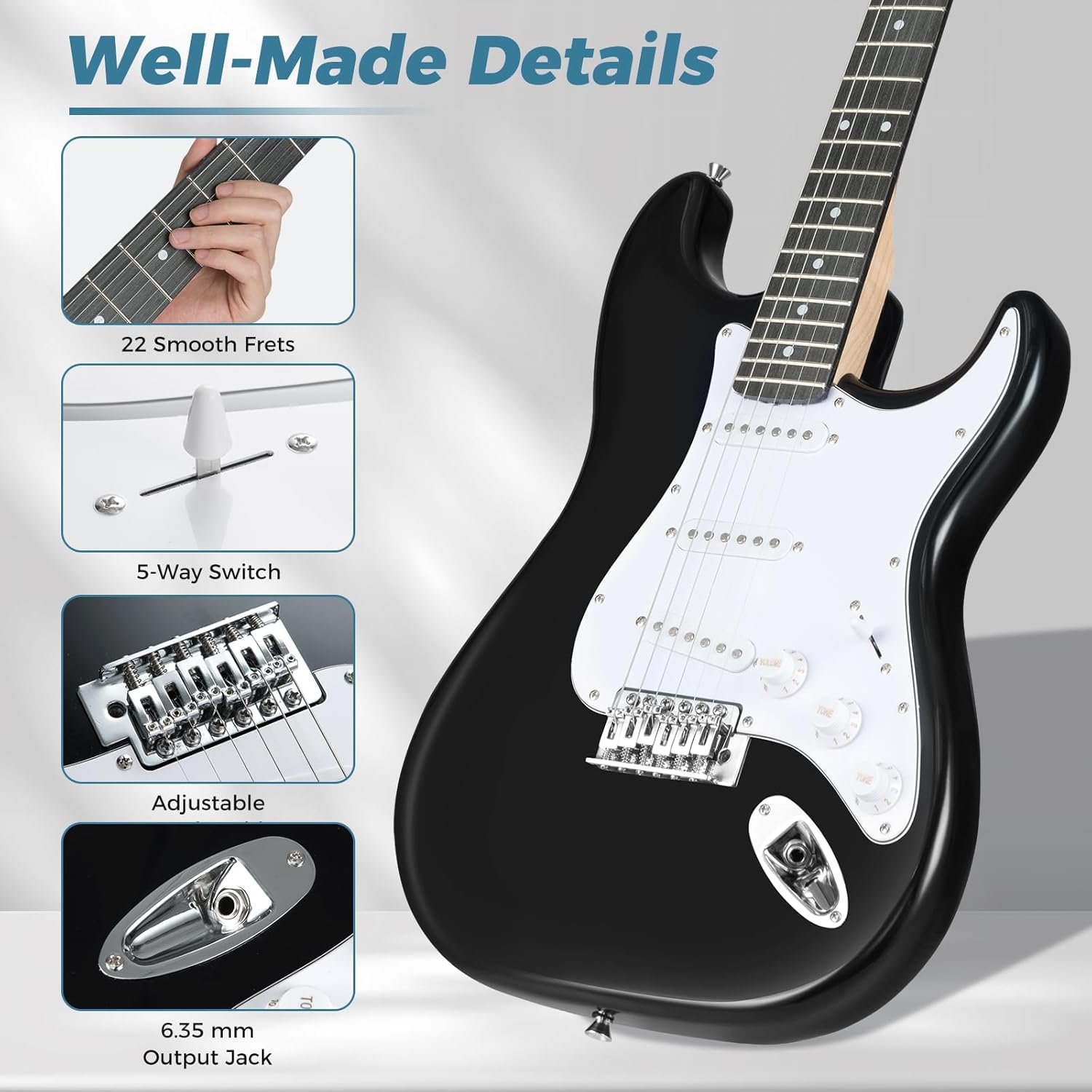 Costzon 6 String Electric Bass Guitar with AMP, 39” Full Size Beginner Bass Guitar Kit with SSS Pickups, Gig Bag, Strap, Digital Tuner, Capo, Picks & Cable for Starter (Black)