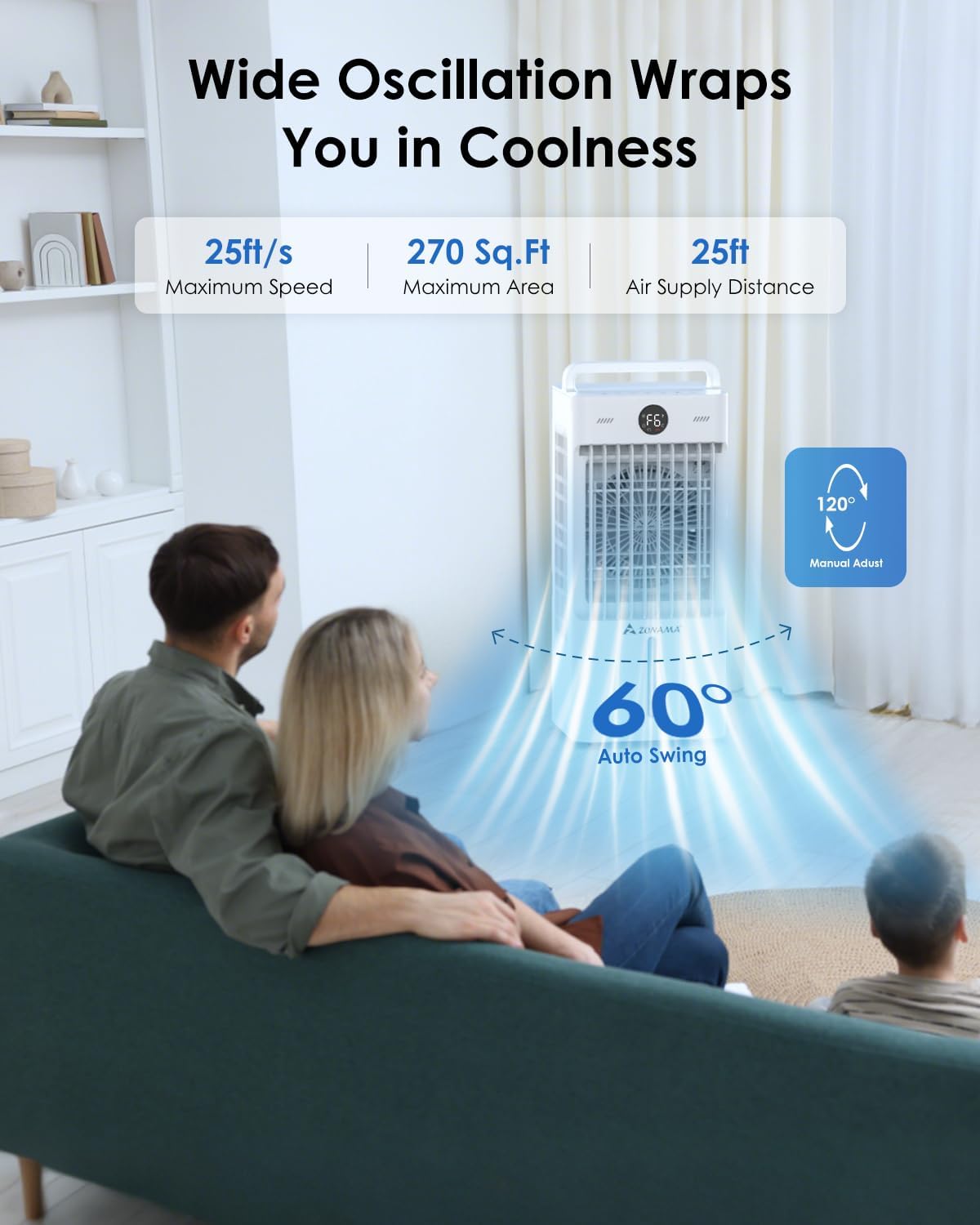 Windowless Portable Air Conditioners with Remote, 3-IN-1 Evaporative Air Cooler with Display, 2.64-Gal Tank for 10H Cooling, 3 Modes & 6 Speeds, 60° Oscillation, 12H Timer, Swamp Cooler for Indoors