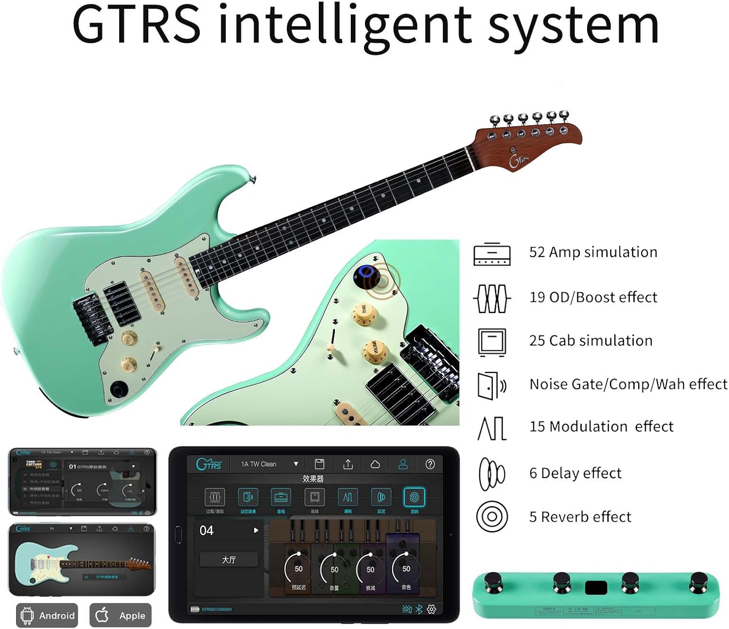 GTRS S800 Smart Electric Guitar Kit with Effects System, HHS Pickup, Loop Drum Machine, 12 Hours Battery Life, Rosewood Fretboard Glossy Paint for Beginner, Professional Player, Performance