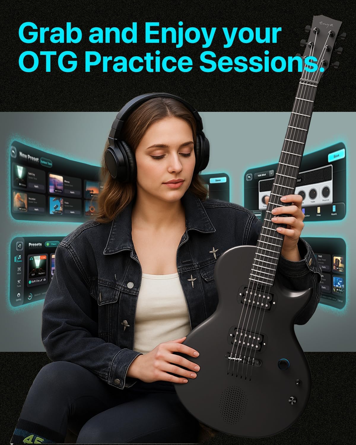 Enya Electric Guitar Nova Go Sonic Smart Electric Carbon Fiber Guitarra with 10W Wireless Speaker, Onboard Presets, All-in-One Portable Rig for Street Performers & Home Studios, Black